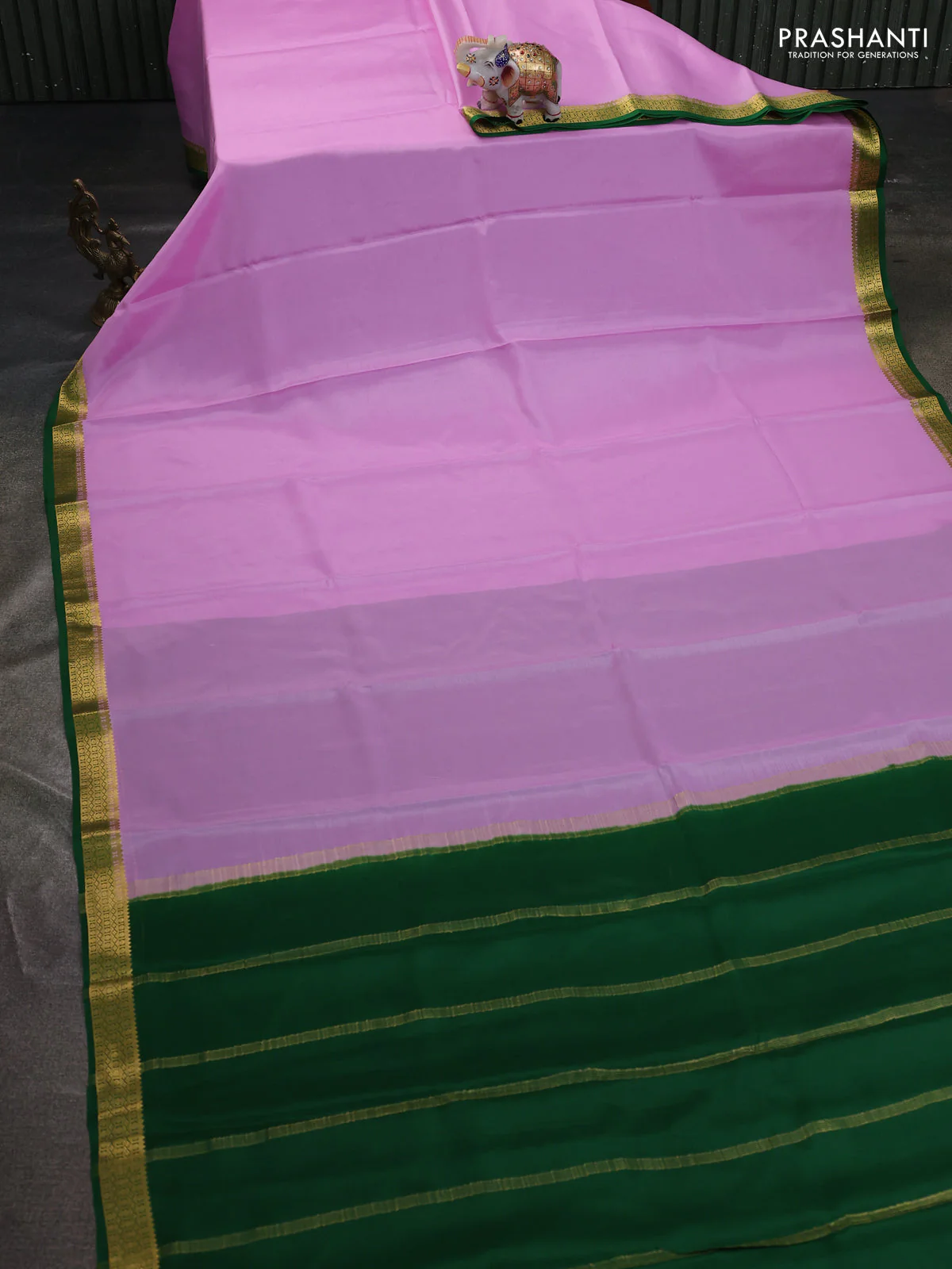Pure mysore silk saree lotus pink and green with plain body and zari woven border - Image 2