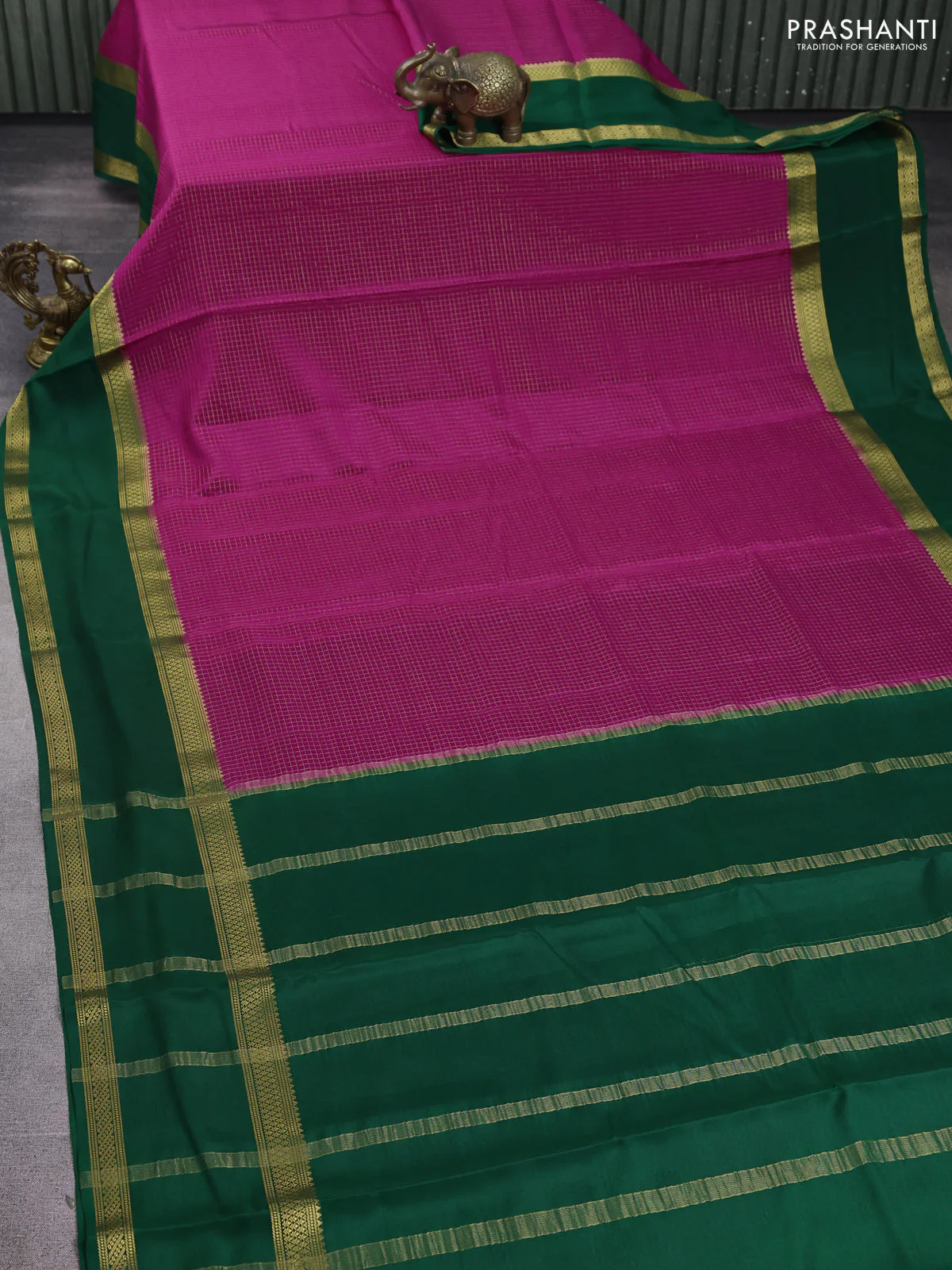 Pure mysore silk saree magenta pink and green with allover zari woven checked pattern and rettapet zari woven border - Image 2