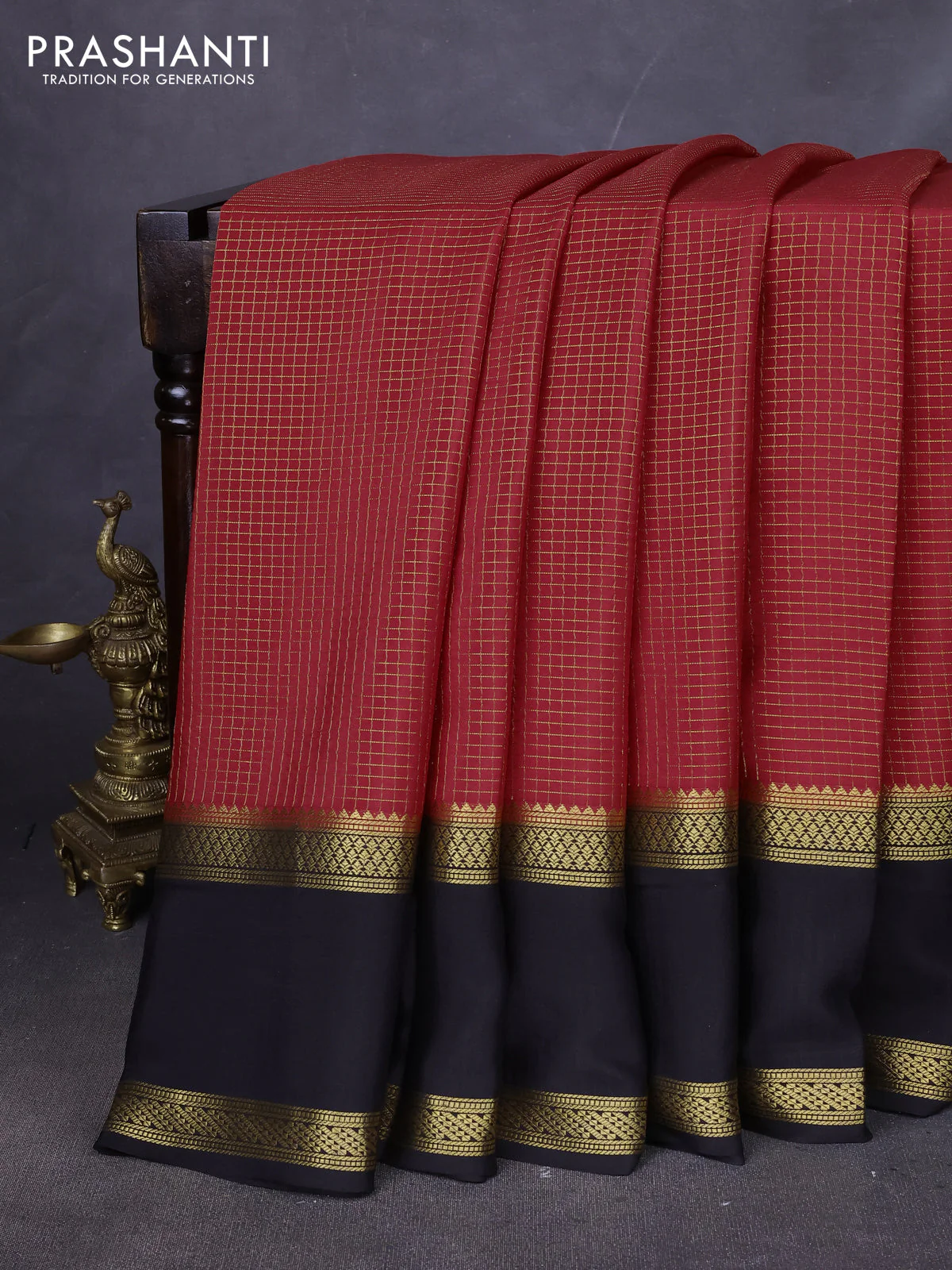 Pure mysore silk saree maroon and black with allover zari woven small checked pattern and rettapet zari woven border