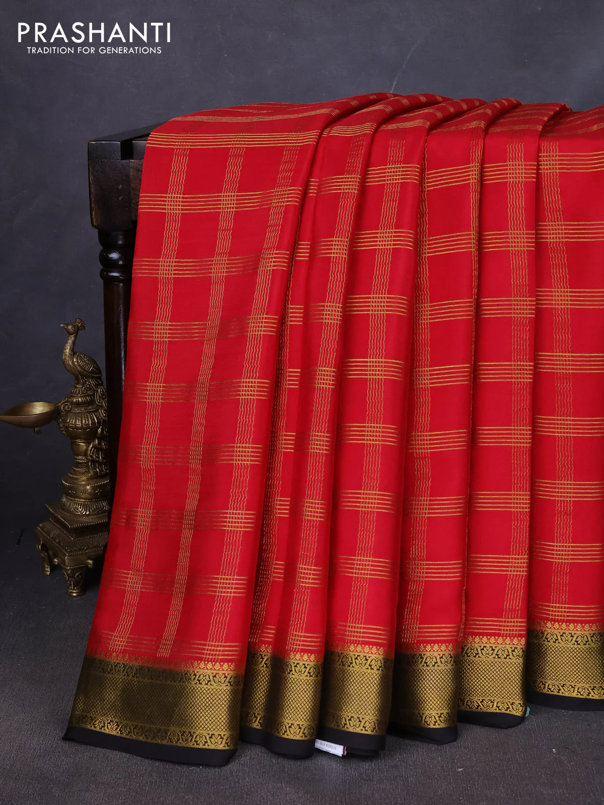 Pure mysore silk saree maroon and coffee brown with allover zari checked pattern and zari woven border