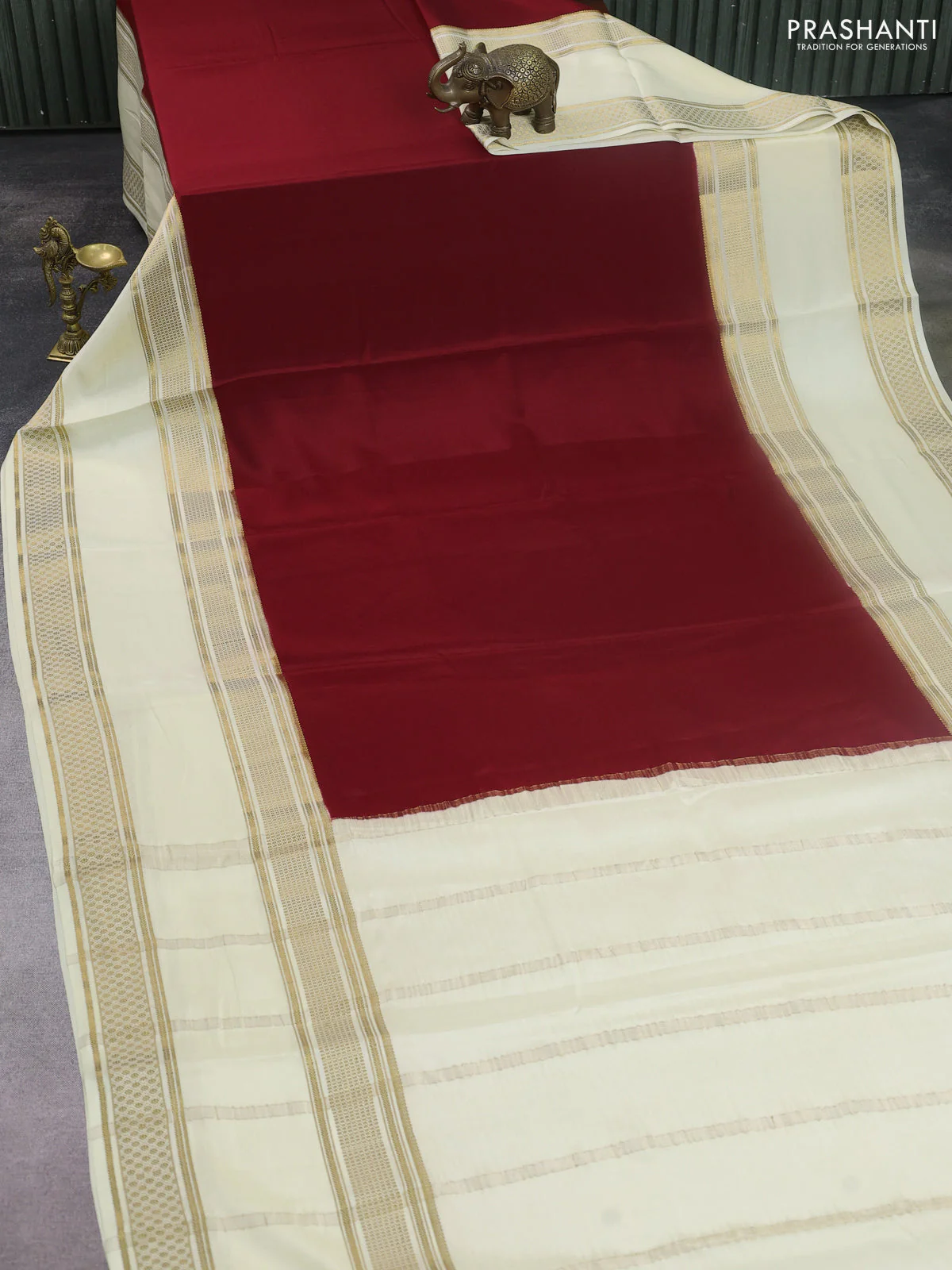 Pure mysore silk saree maroon and cream with plain body and rettapet zari woven border - Image 2