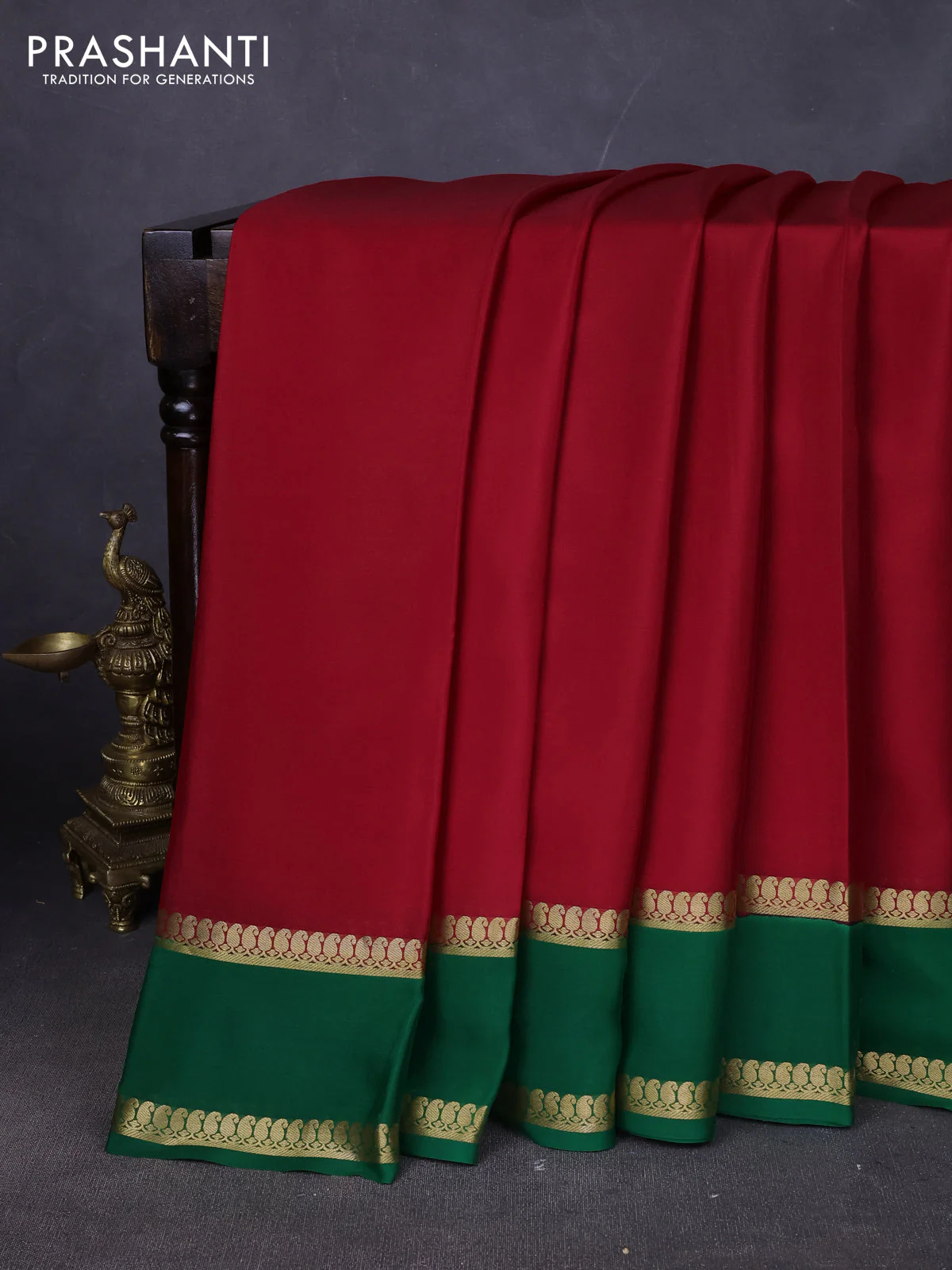 Pure mysore silk saree maroon and green with plain body and rettapet zari woven border