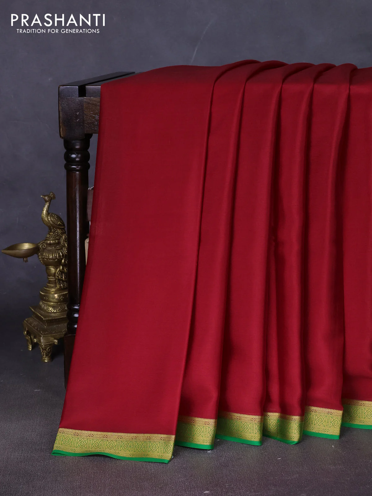 Pure mysore silk saree maroon and green with plain body and zari woven border