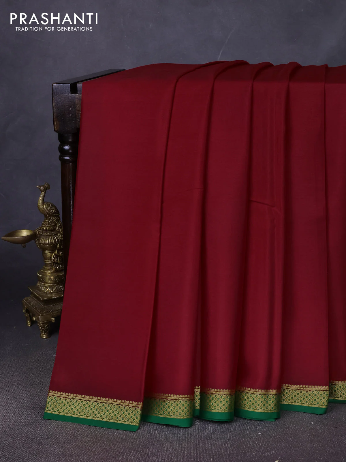 Pure mysore silk saree maroon and green with plain body and zari woven border