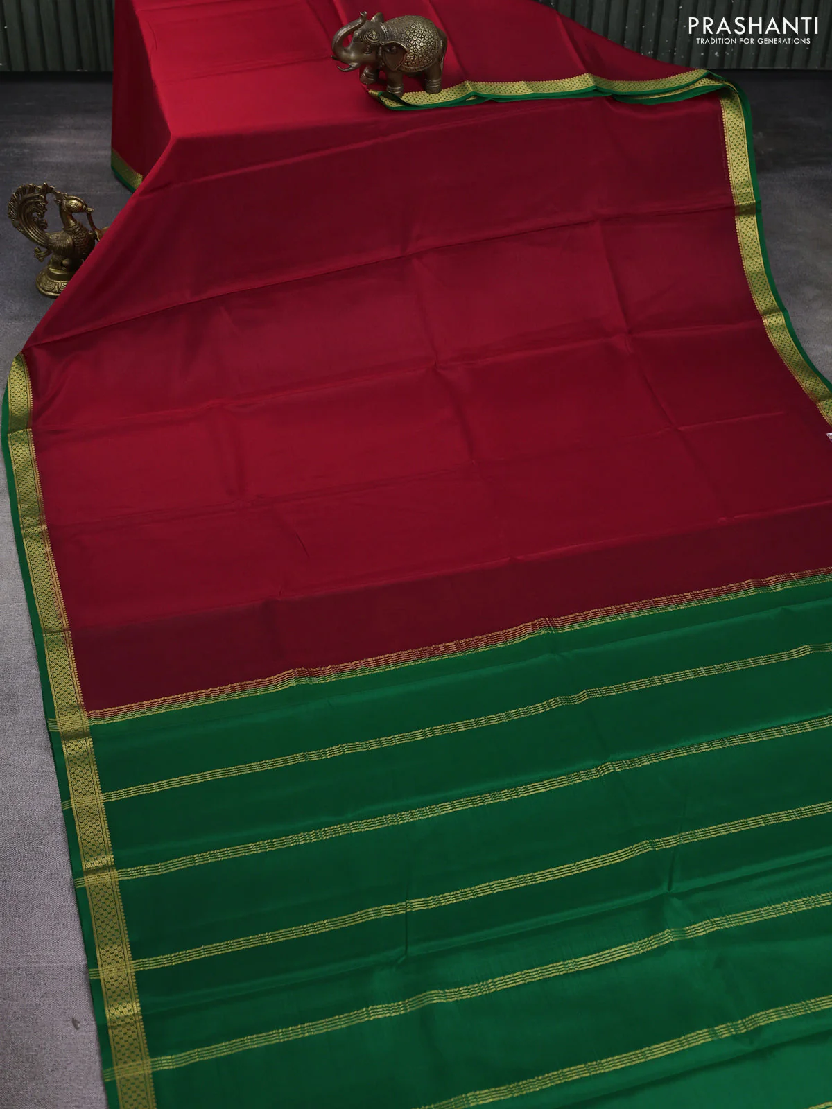 Pure mysore silk saree maroon and green with plain body and zari woven border - Image 2