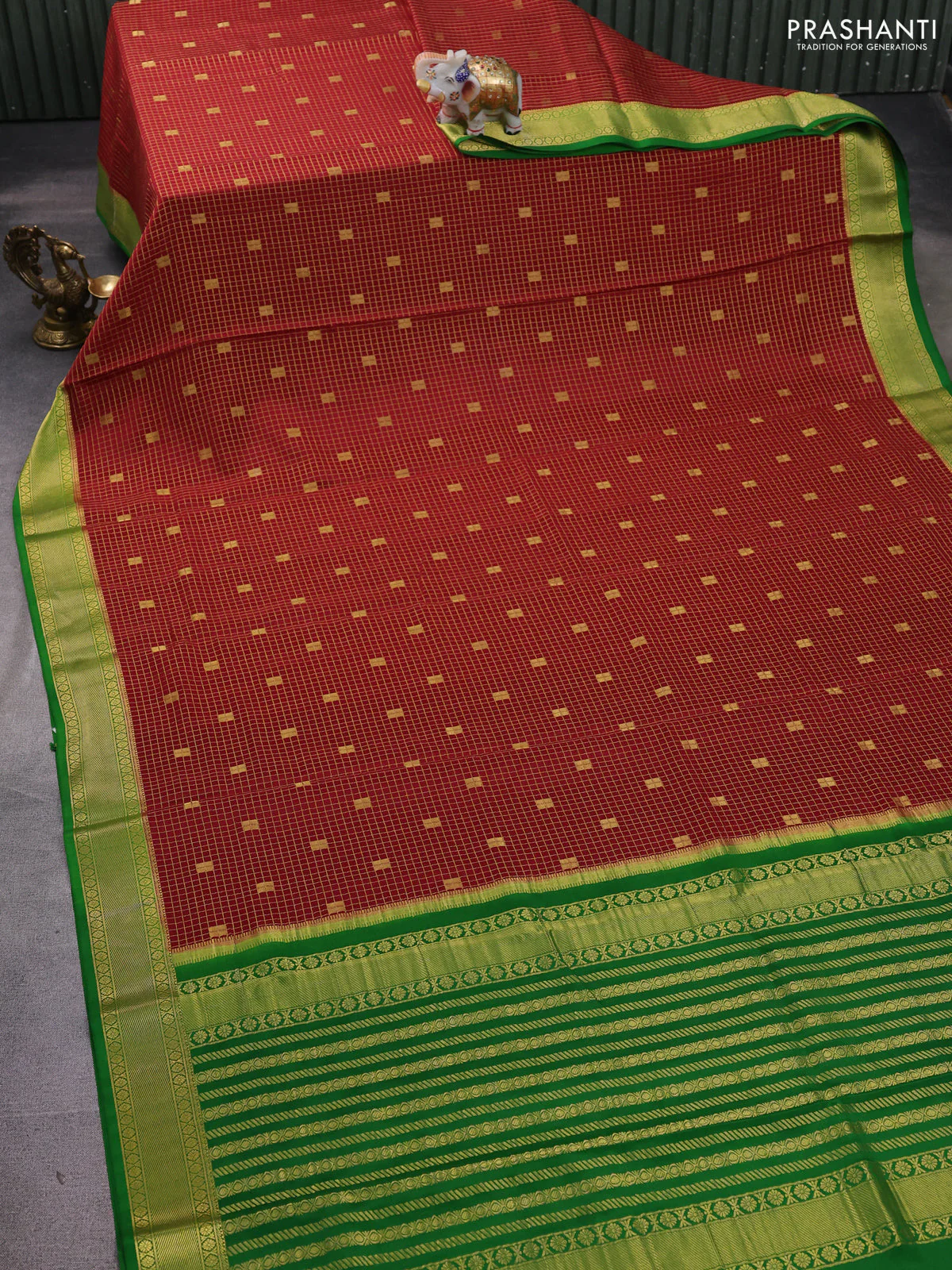 Pure mysore silk saree maroon and light green with allover zari checks & buttas and rettapet zari woven border - Image 2