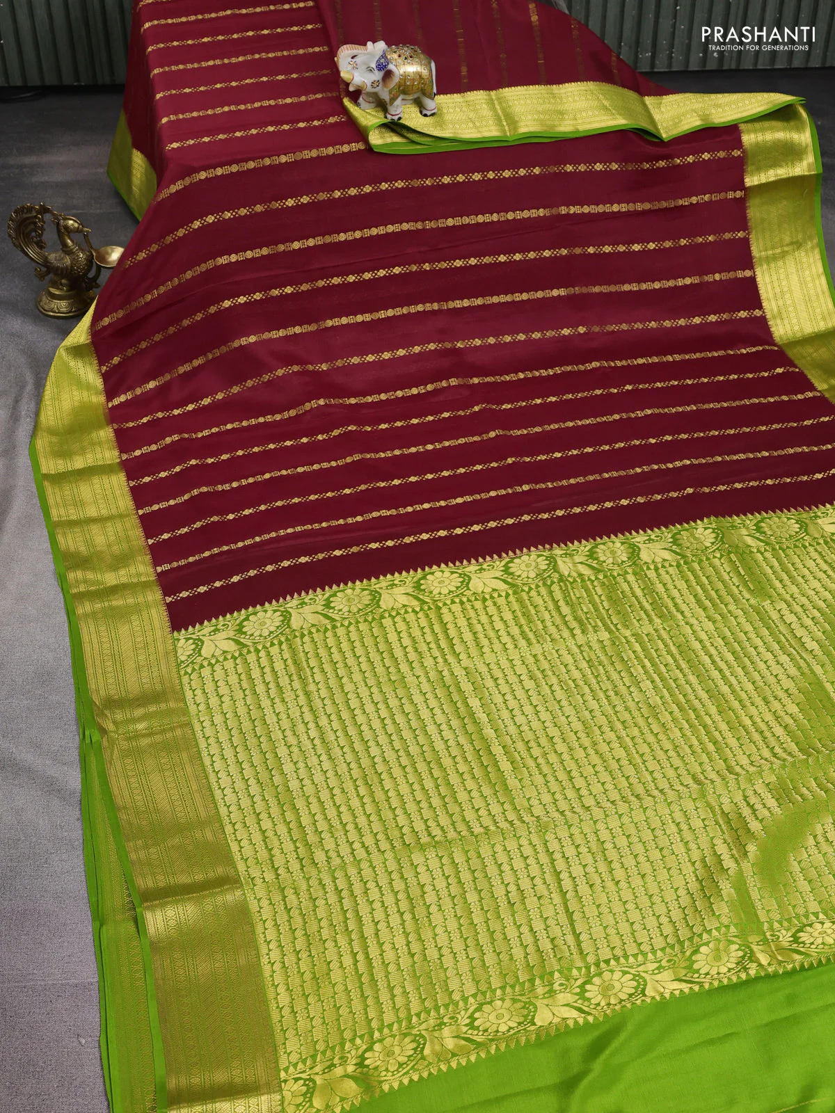Pure mysore silk saree maroon and light green with allover zari weaves and zari woven border - Image 2