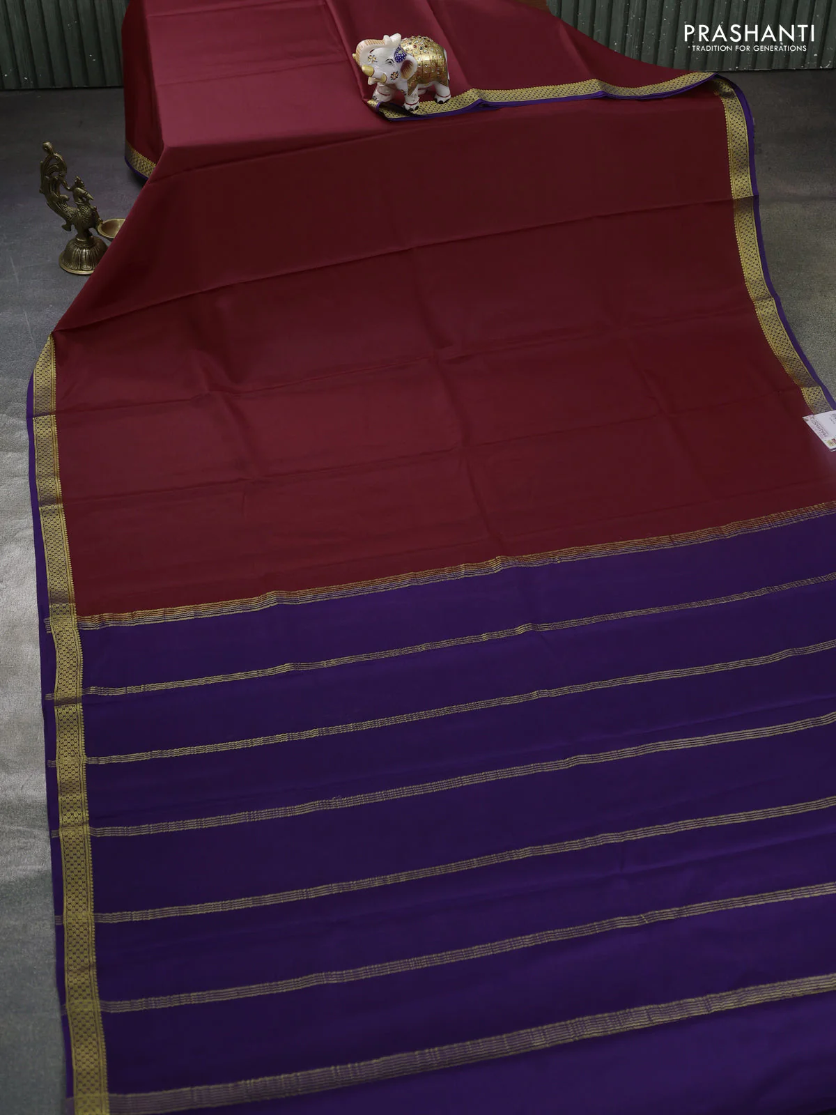 Pure mysore silk saree maroon and navy blue with plain body and zari woven border - Image 2