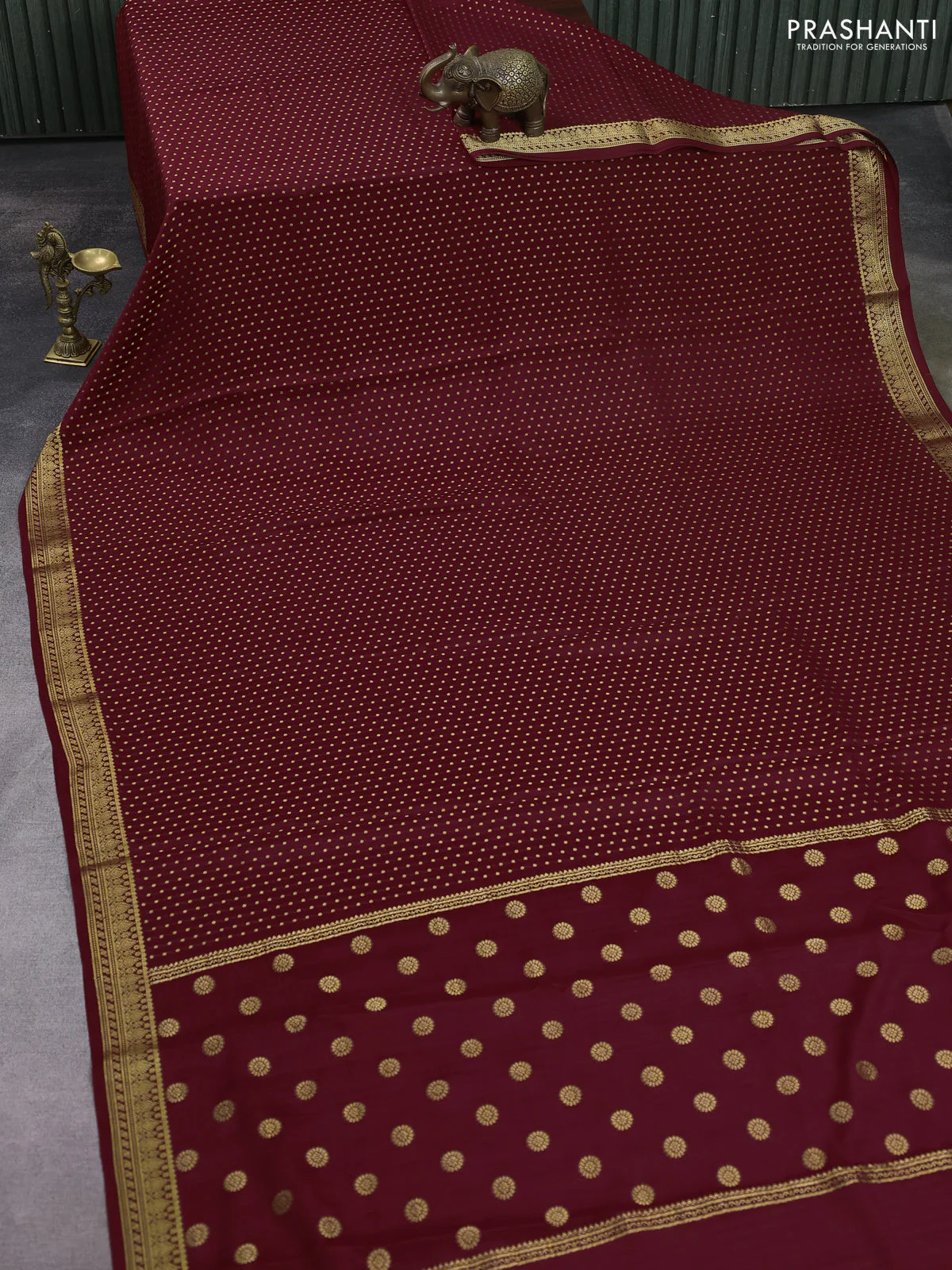 Pure mysore silk saree maroon with allover zari woven buttas and zari woven border - Image 2