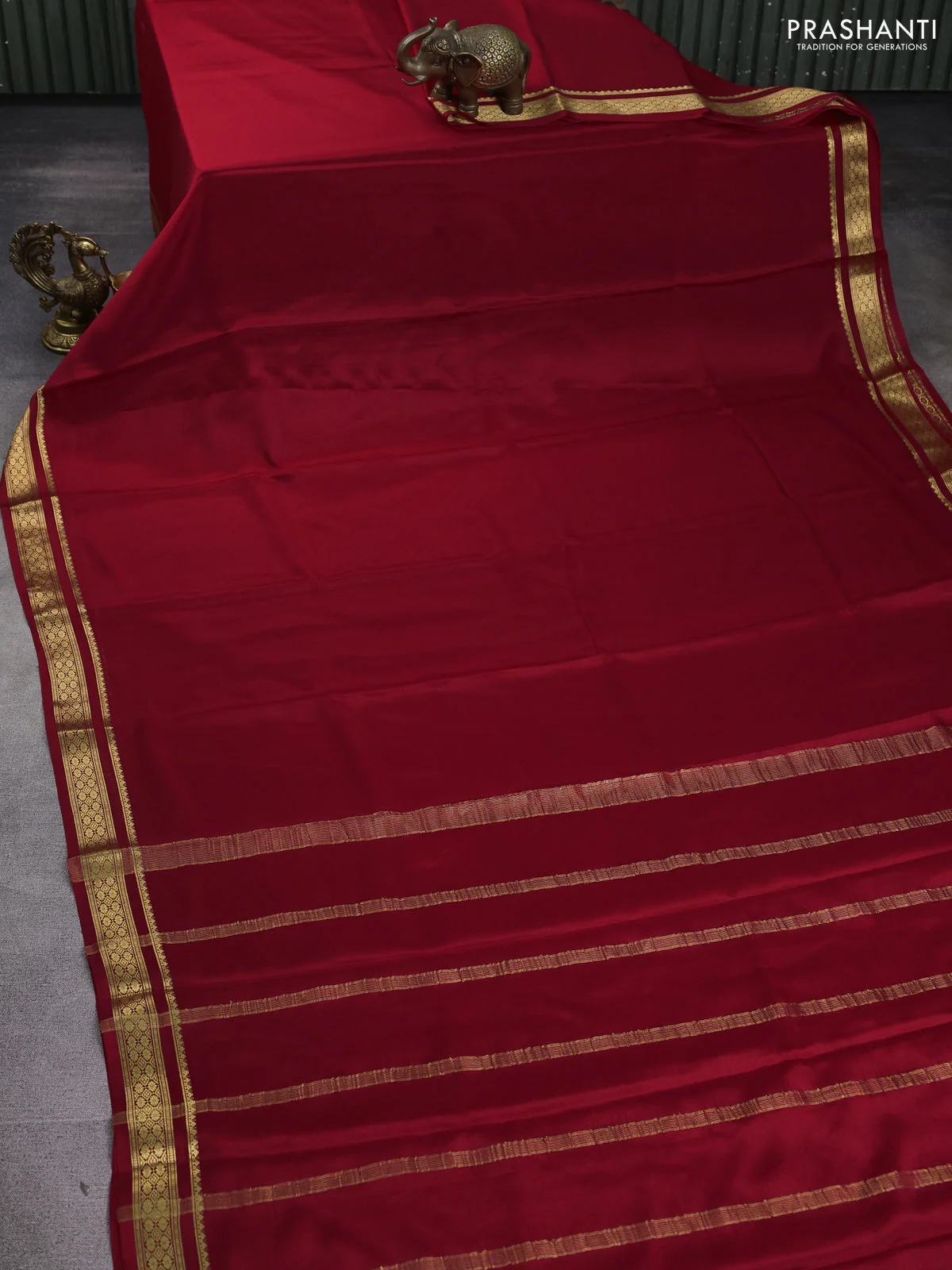 Pure mysore silk saree maroon with plain body and zari woven border - Image 2