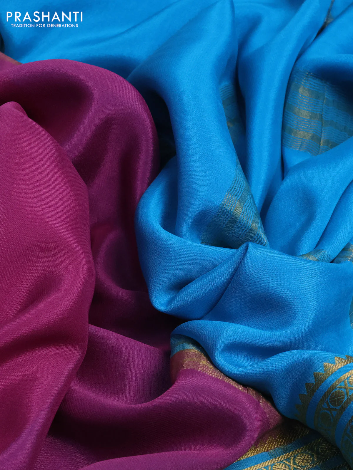 Pure mysore silk saree mauve pink and cs blue violet with plain body and long zari woven border - Image 2