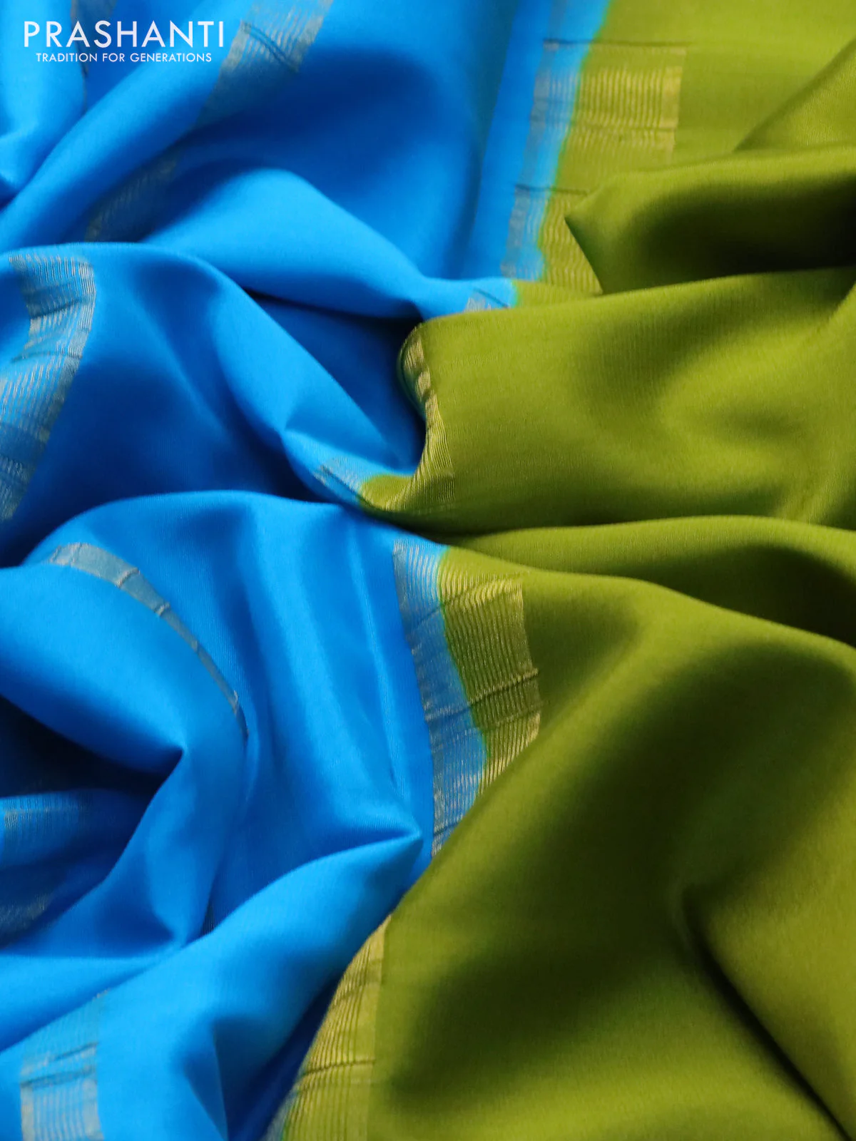 Pure mysore silk saree mehendi green and cs blue with plain body and long rettapet zari woven border - Image 3