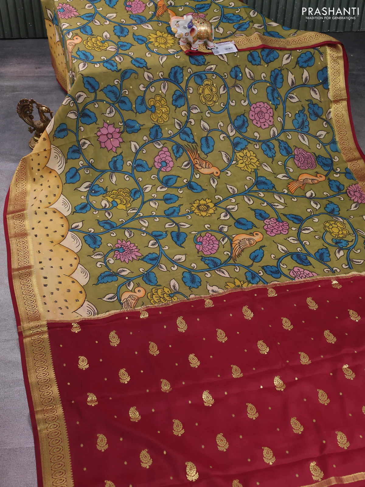 Pure mysore silk saree mehendi green and maroon with allover pen kalamkari prints and zari woven border - Image 2