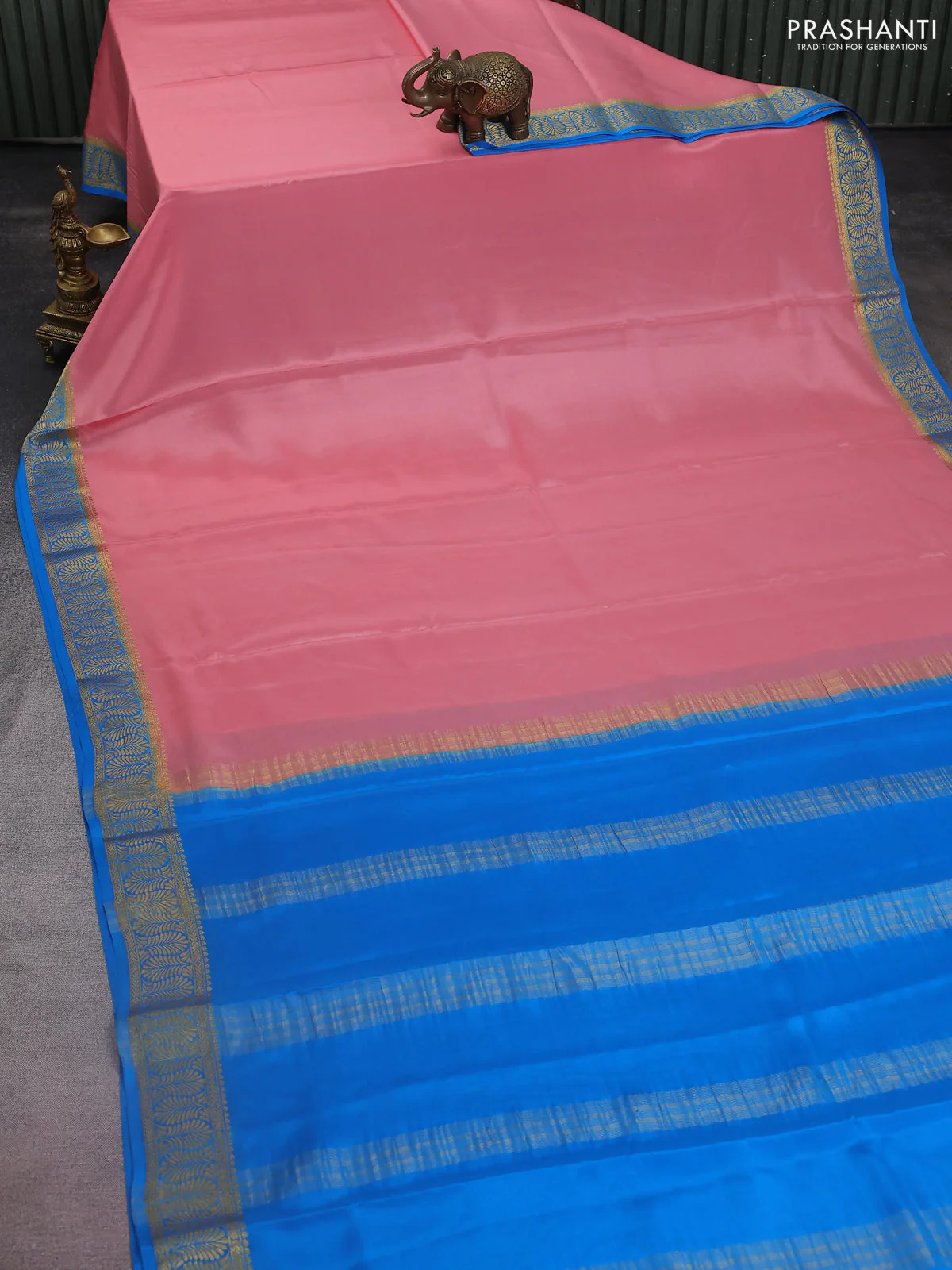 Pure mysore silk saree mild peach shade and cs blue with plain body and zari woven border - Image 2