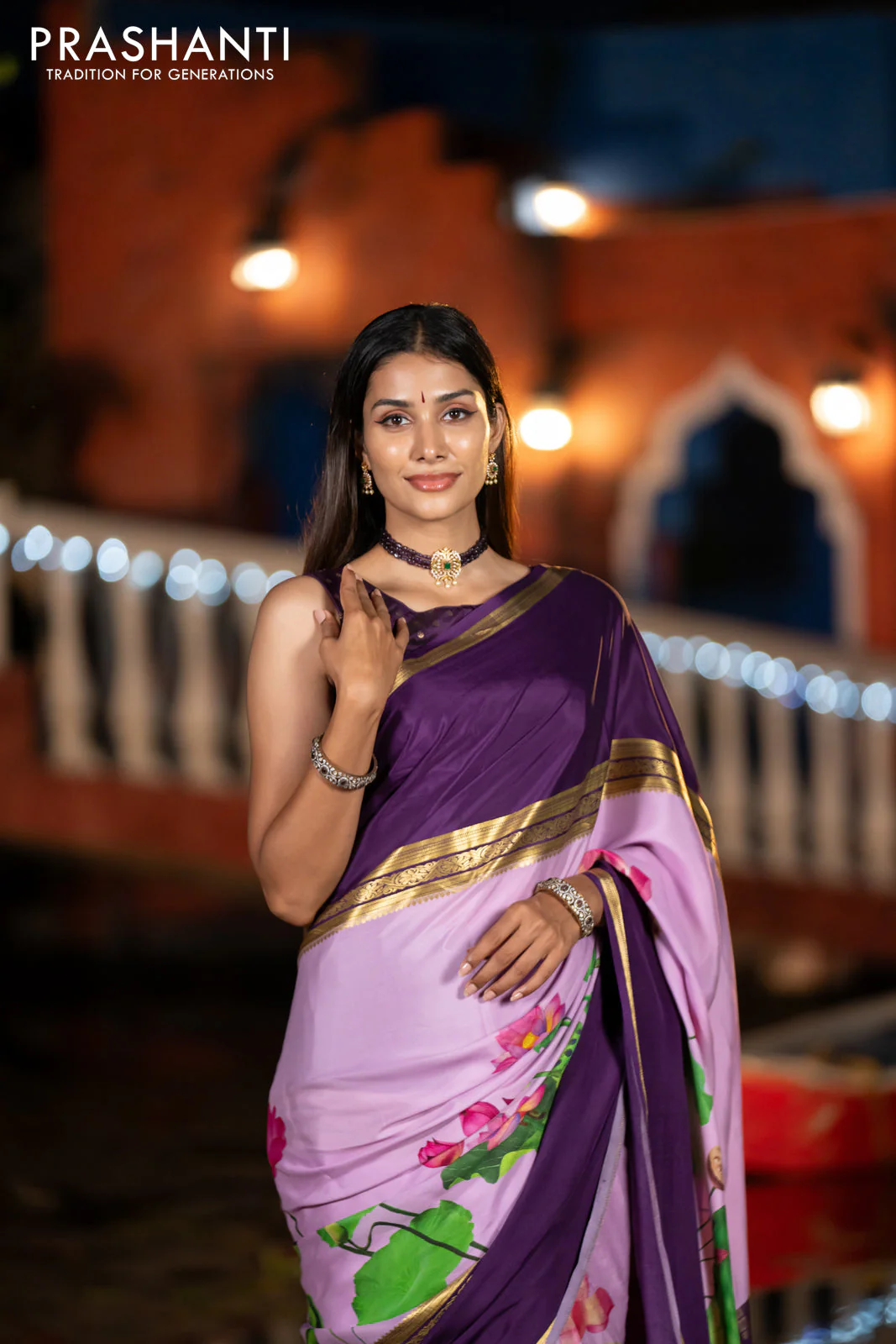 Pure mysore silk saree mild purple and deep purple with allover pichwai prints and long rettapet zari woven border - Image 3