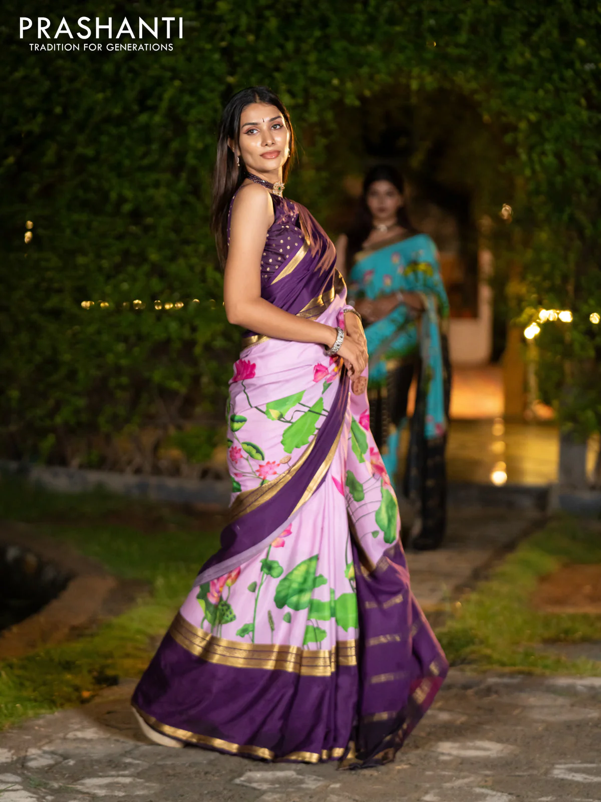 Pure mysore silk saree mild purple and deep purple with allover pichwai prints and long rettapet zari woven border - Image 4