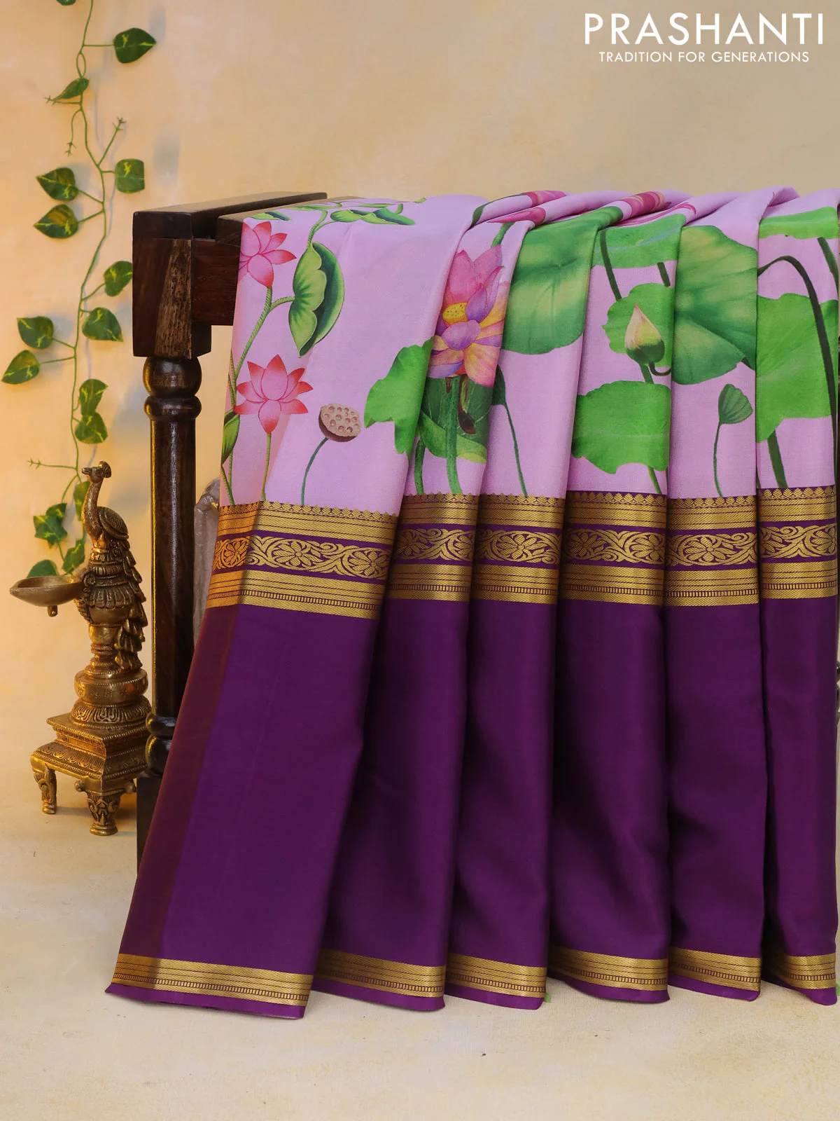 Pure mysore silk saree mild purple and deep purple with allover pichwai prints and long rettapet zari woven border - Image 5