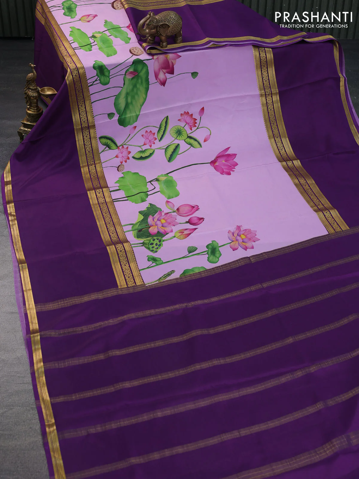 Pure mysore silk saree mild purple and deep purple with allover pichwai prints and long rettapet zari woven border - Image 6