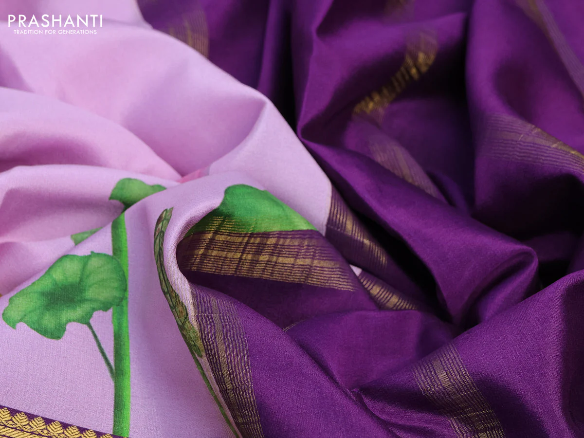 Pure mysore silk saree mild purple and deep purple with allover pichwai prints and long rettapet zari woven border - Image 7