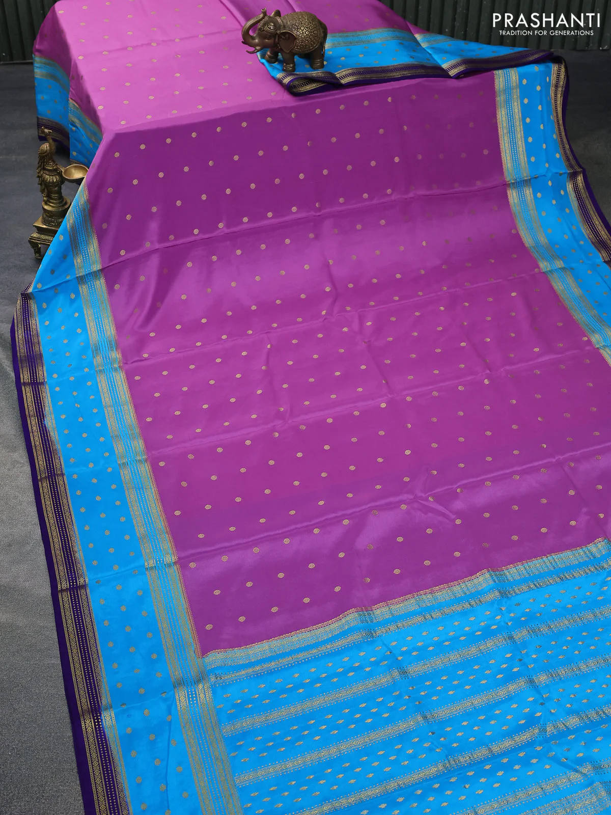 Pure mysore silk saree mild purple and light blue with zari woven buttas and zari woven border - Image 2