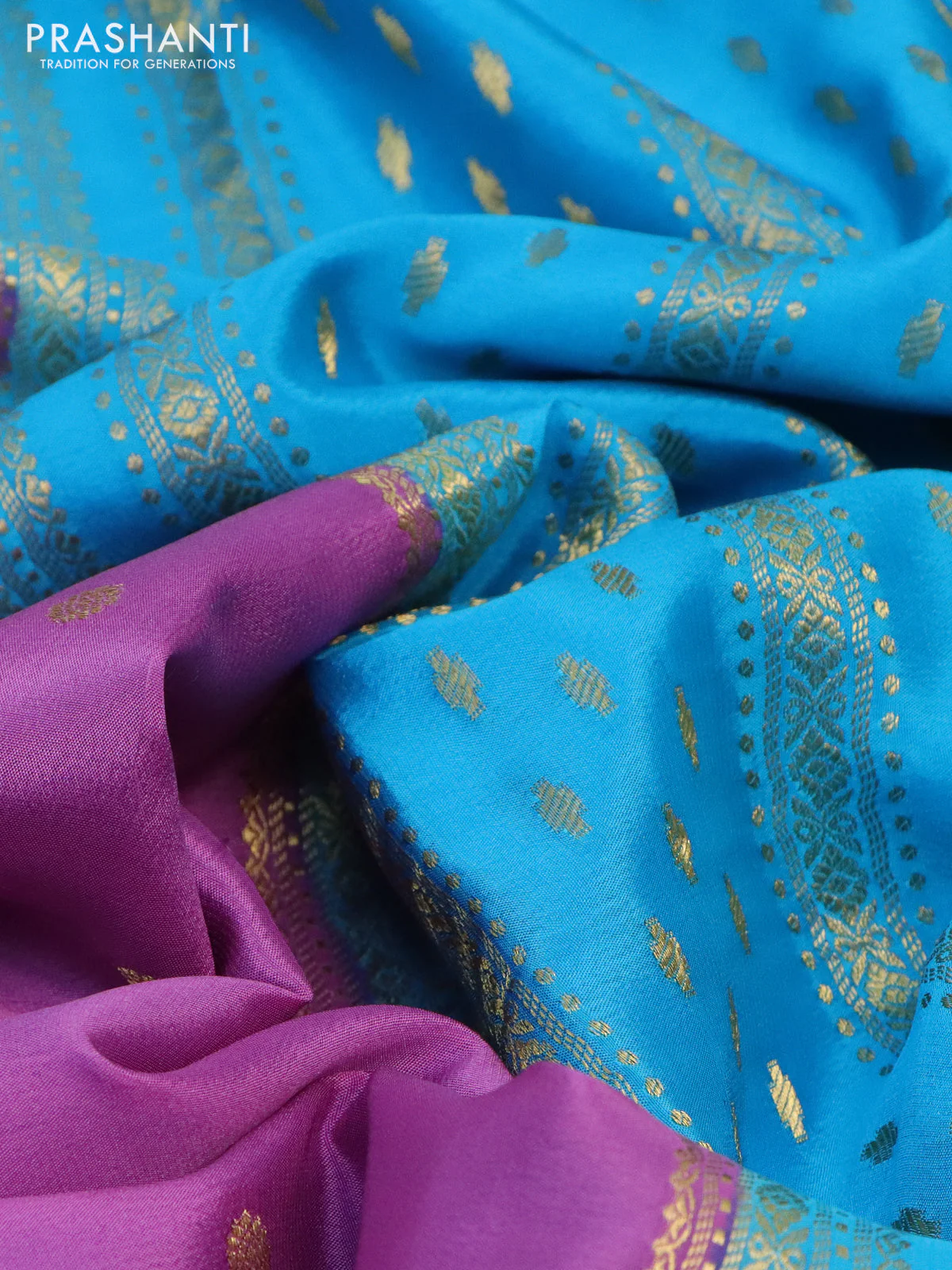 Pure mysore silk saree mild purple and light blue with zari woven buttas and zari woven border - Image 3