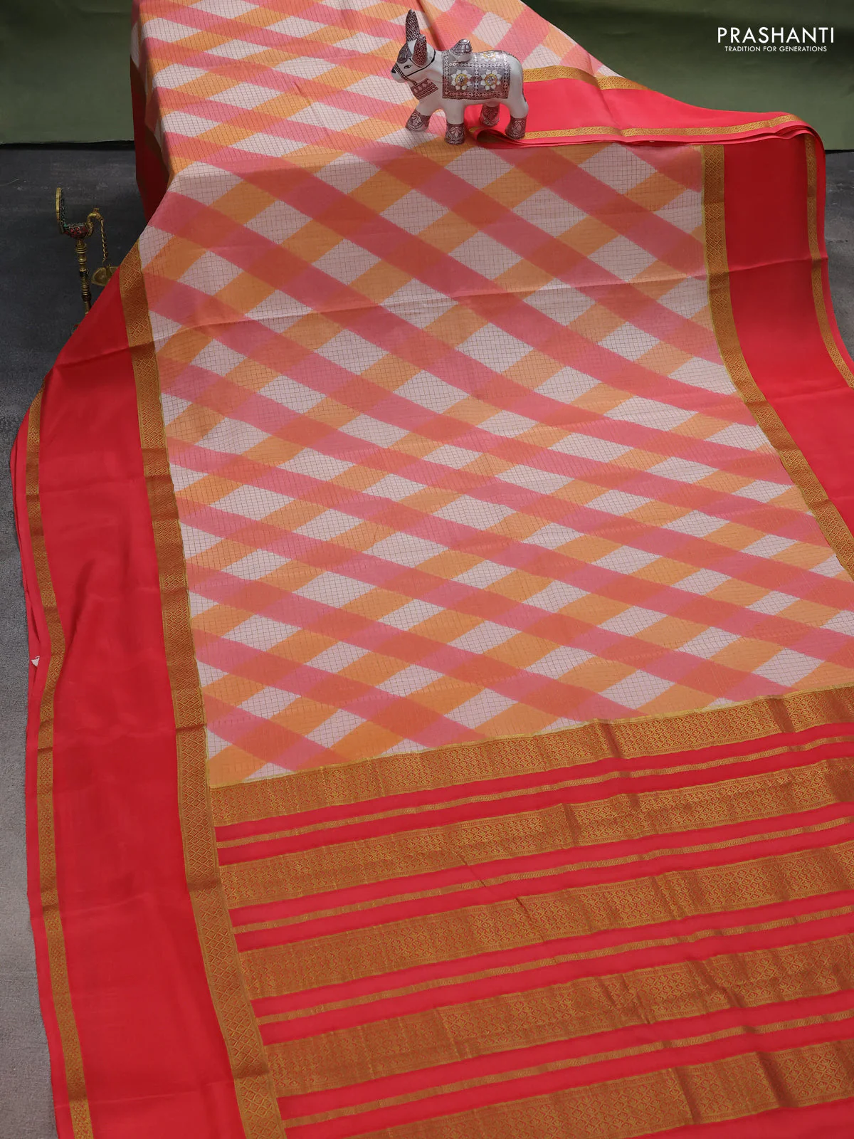 Pure mysore silk saree multi colour and dark peach with allover checks & geometric prints and rettapet zari woven border - Image 2