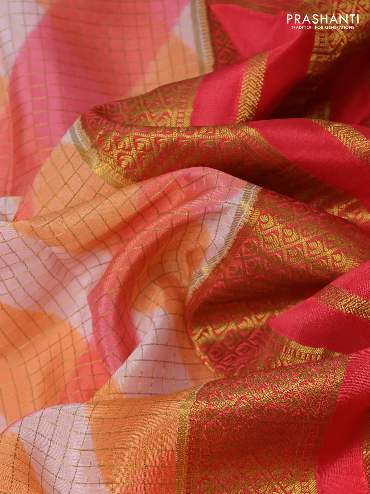 Pure mysore silk saree multi colour and dark peach with allover checks & geometric prints and rettapet zari woven border - Image 3
