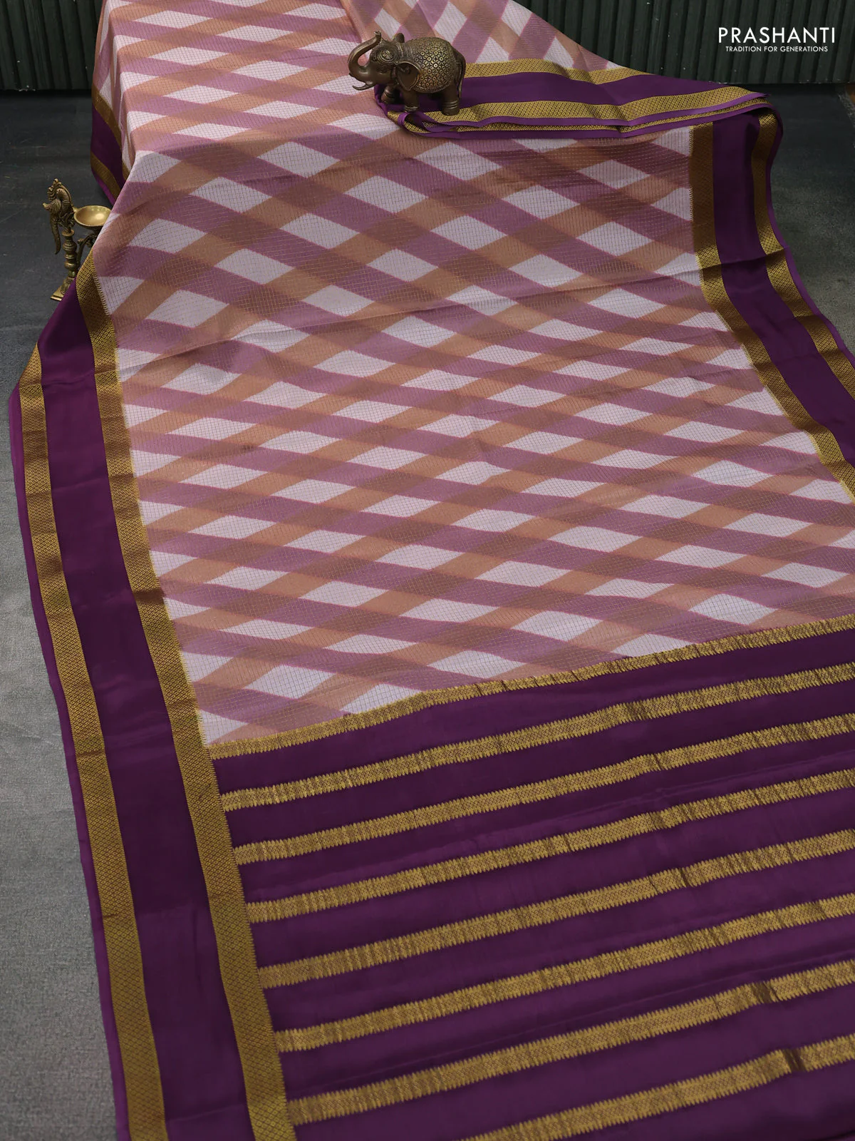 Pure mysore silk saree multi colour and jamun shade with allover checks & geometric prints and rettapet zari woven border - Image 2