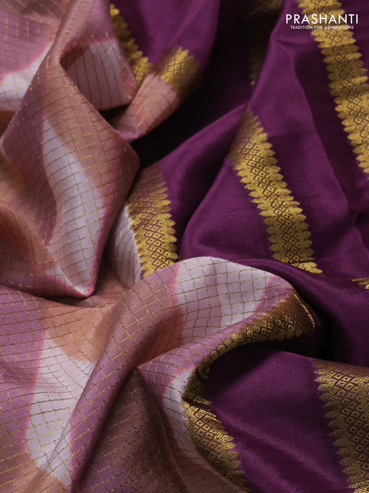 Pure mysore silk saree multi colour and jamun shade with allover checks & geometric prints and rettapet zari woven border - Image 3