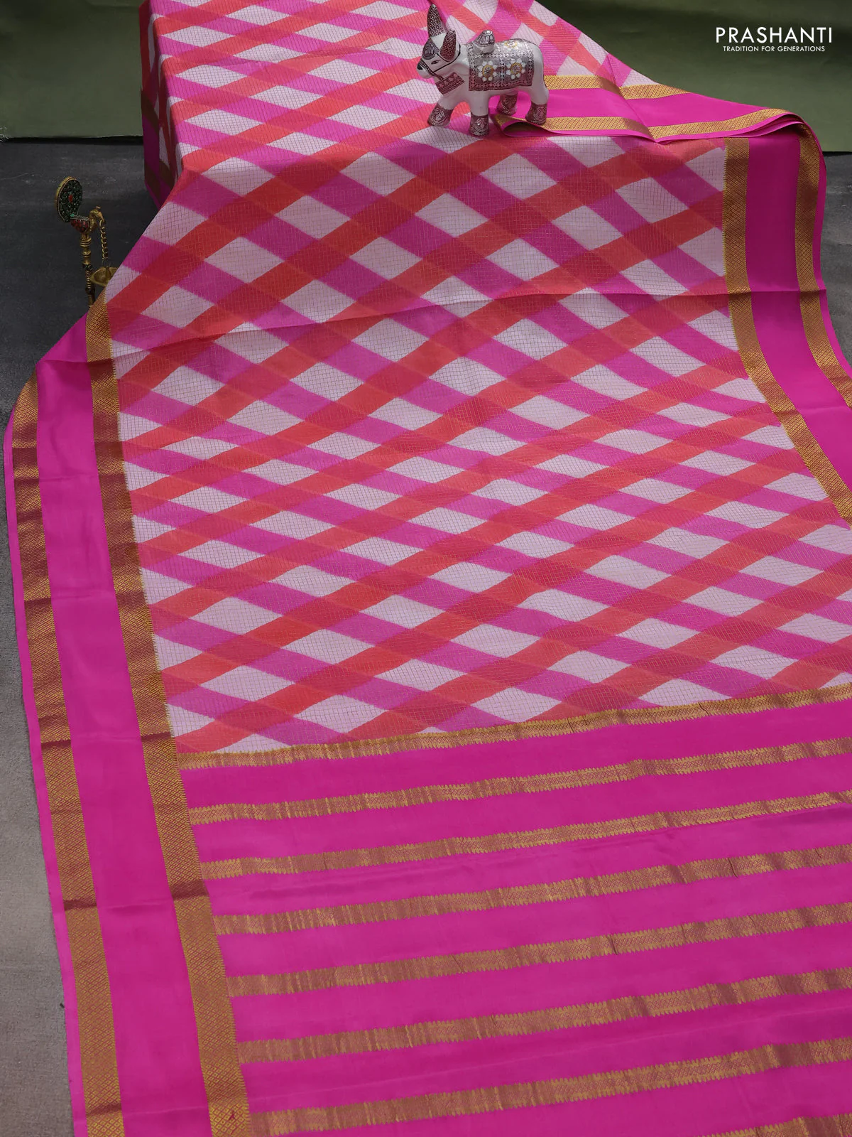 Pure mysore silk saree multi colour and pink with allover checks & geometric prints and rettapet zari woven border - Image 2