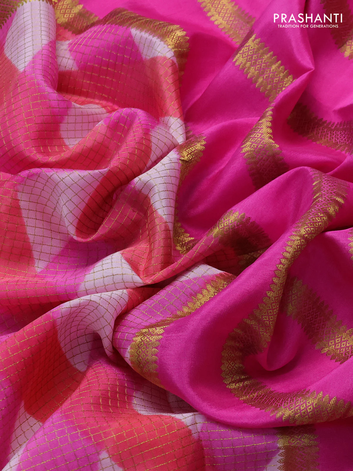 Pure mysore silk saree multi colour and pink with allover checks & geometric prints and rettapet zari woven border - Image 3