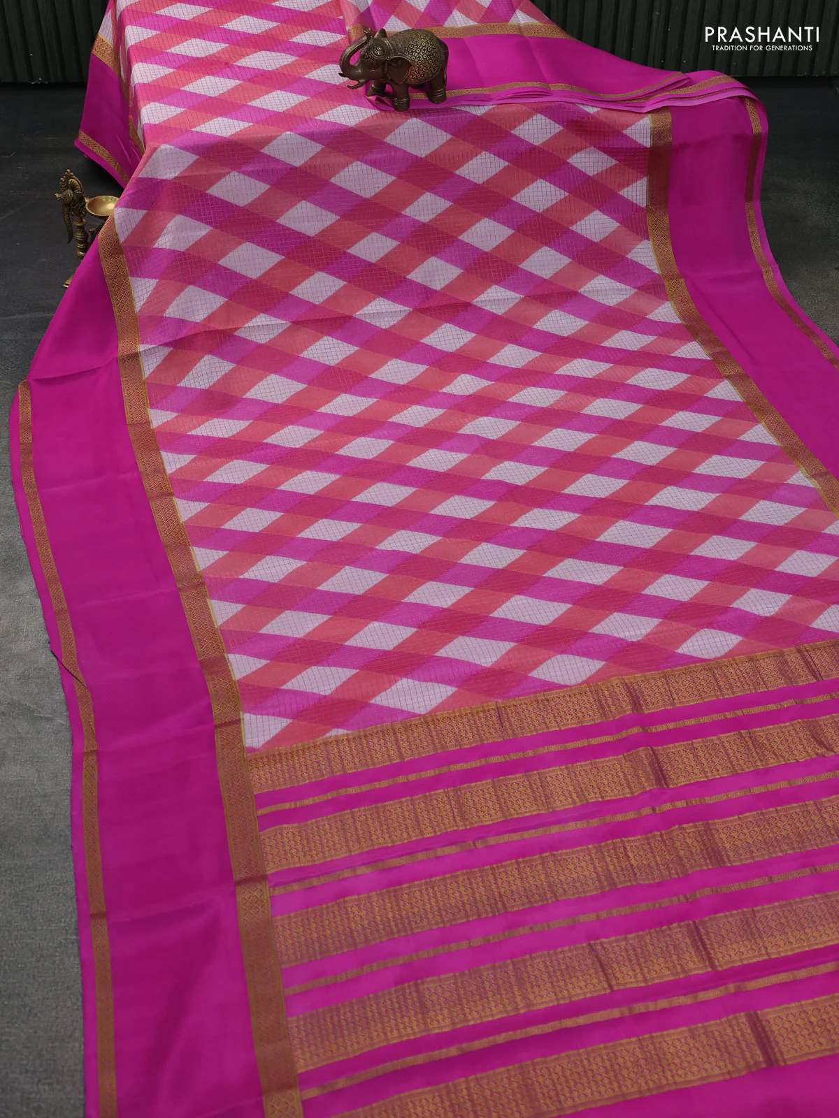 Pure mysore silk saree multi colour and pink with allover checks & geometric prints and rettapet zari woven border - Image 2