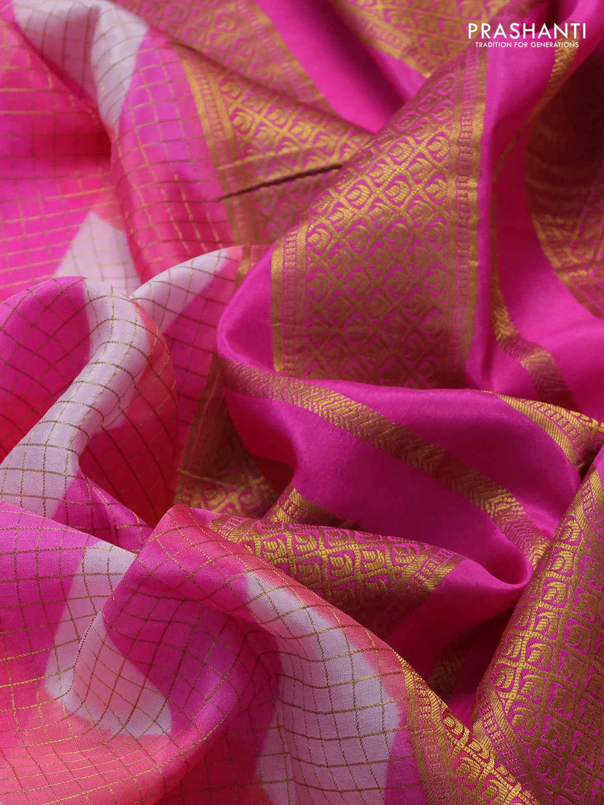Pure mysore silk saree multi colour and pink with allover checks & geometric prints and rettapet zari woven border - Image 3