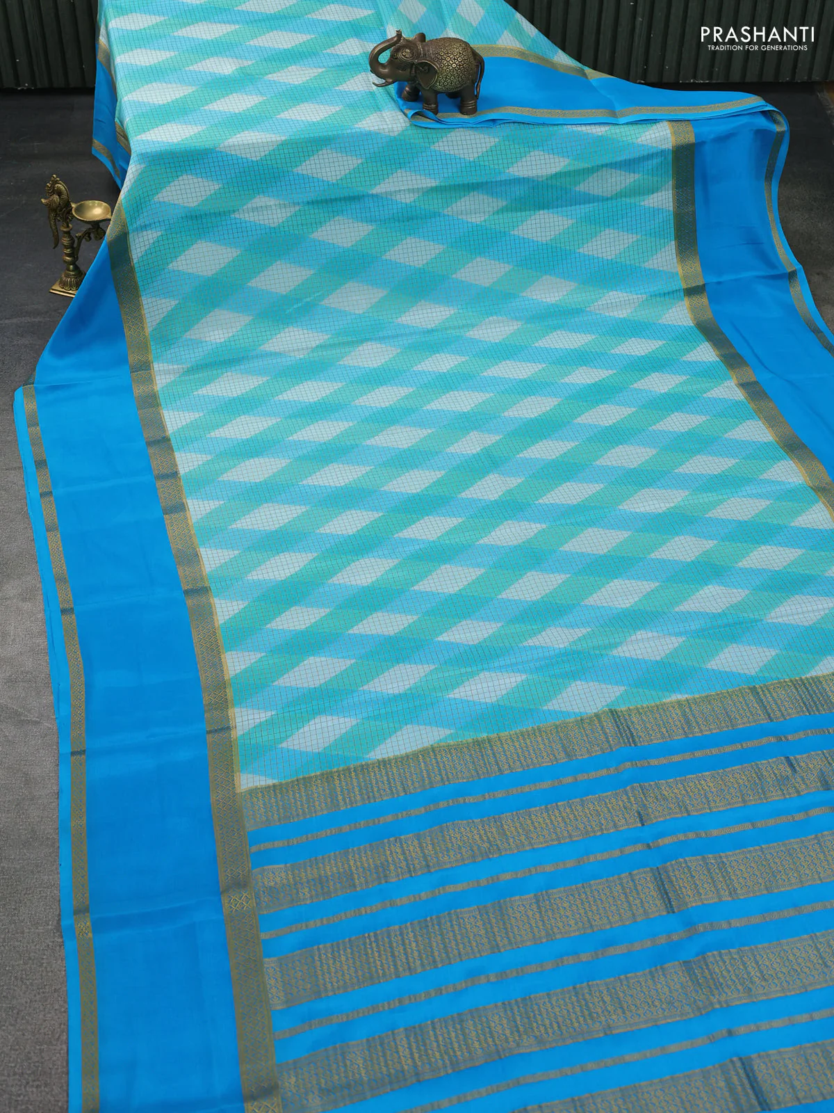 Pure mysore silk saree multi colour and teal blue with allover checks & geometric prints and rettapet zari woven border - Image 2