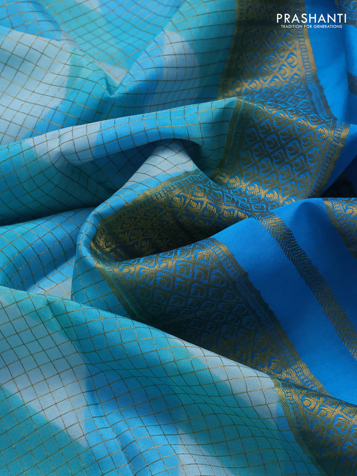 Pure mysore silk saree multi colour and teal blue with allover checks & geometric prints and rettapet zari woven border - Image 3
