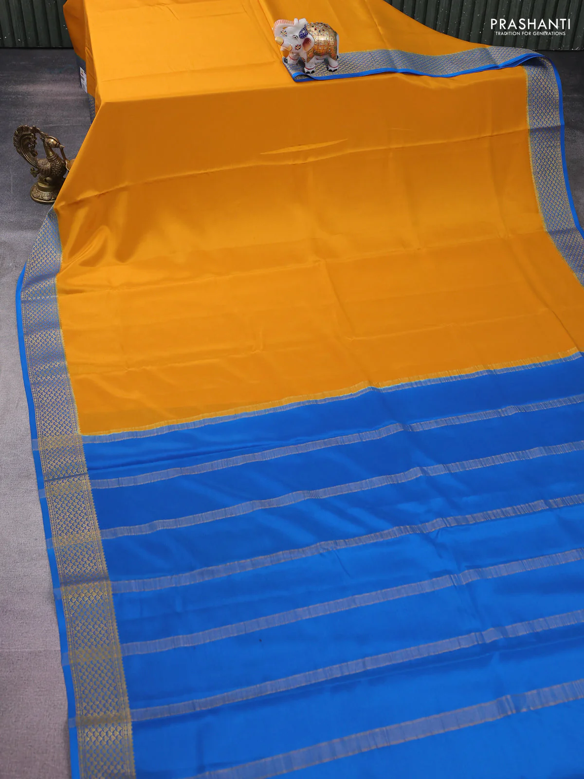 Pure mysore silk saree mustard yellow and blue with palin body and zari woven border - Image 2