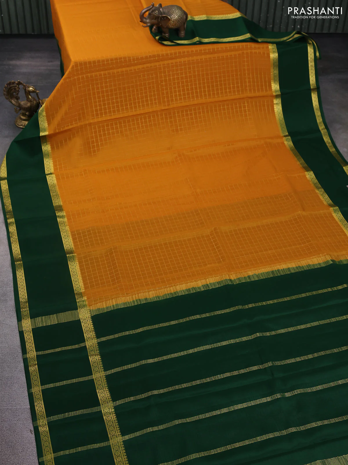 Pure mysore silk saree mustard yellow and bottle green with allover zari woven checked pattern and rettapet zari woven border - Image 2