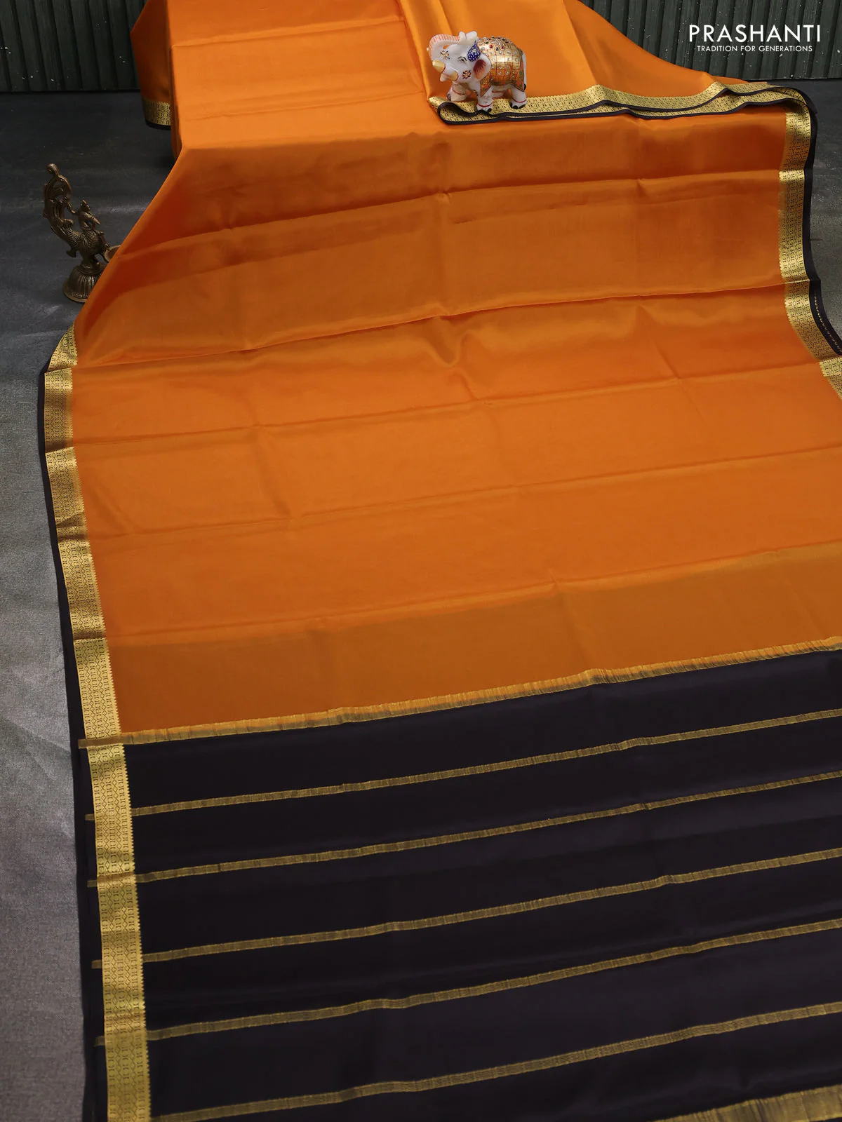Pure mysore silk saree mustard yellow and coffee brown with plain body and zari woven border - Image 2