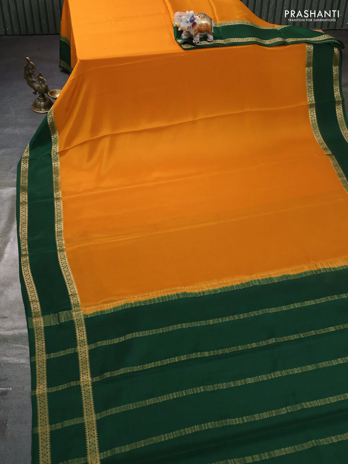 Pure mysore silk saree mustard yellow and green with plain body and rettapet zari woven border - Image 2