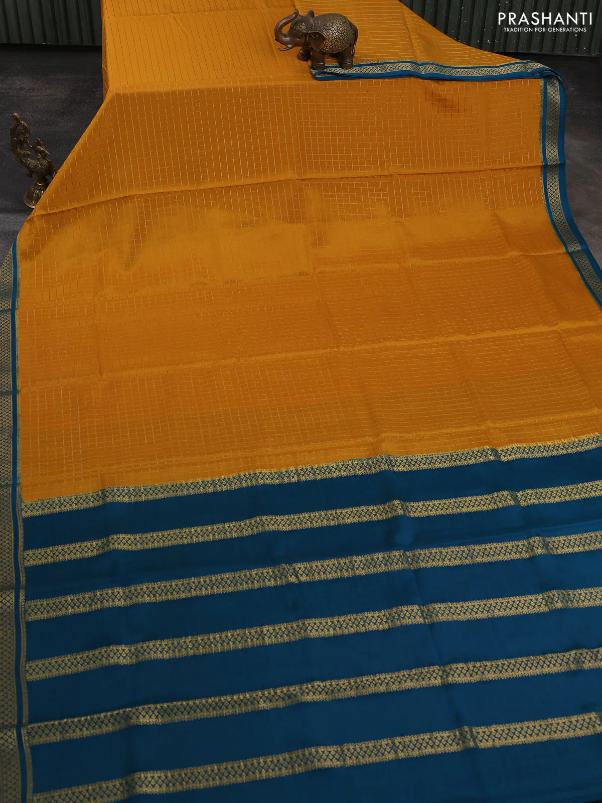 Pure mysore silk saree mustard yellow and peacock blue with allover zari woven checked pattern and zari woven border - Image 2