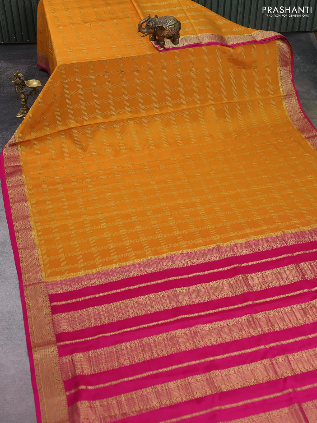 Pure mysore silk saree mustard yellow and pink with allover zari checked pattern and zari woven border - Image 2