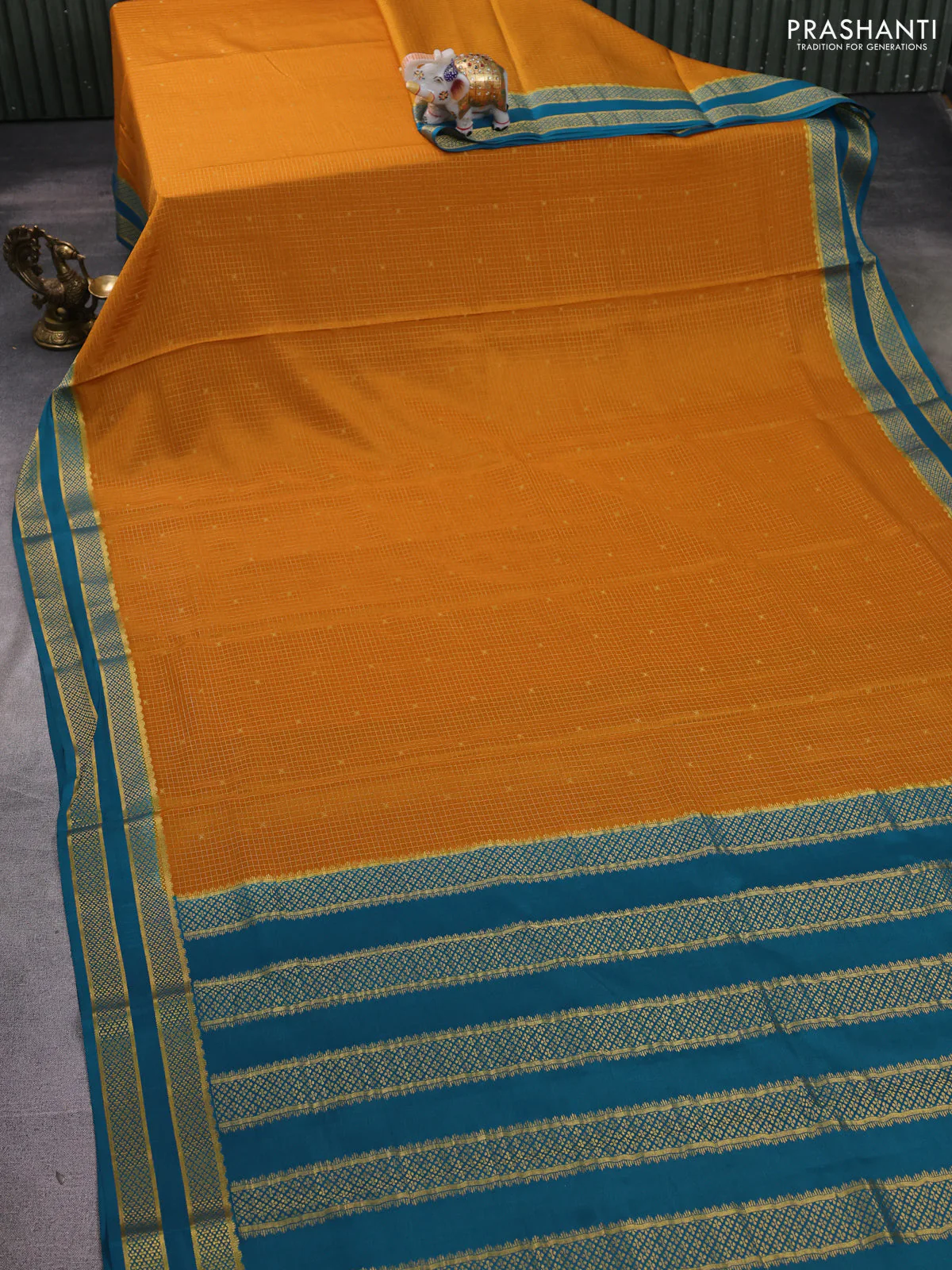 Pure mysore silk saree mustard yellow and teal green with allover zari checked pattern and rettapet zari woven border - Image 2