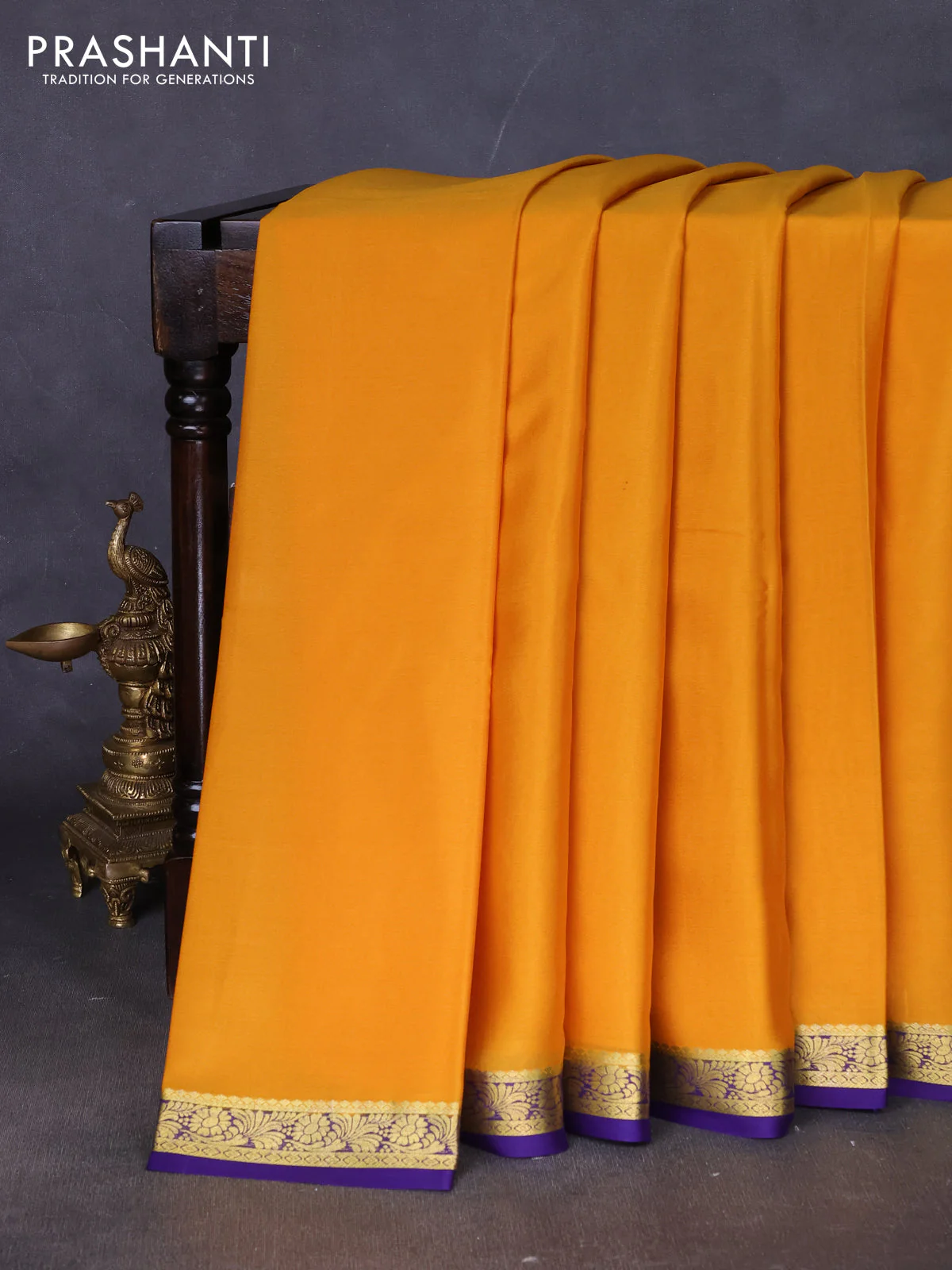 Pure mysore silk saree mustard yellow and violet with plain body and zari woven border