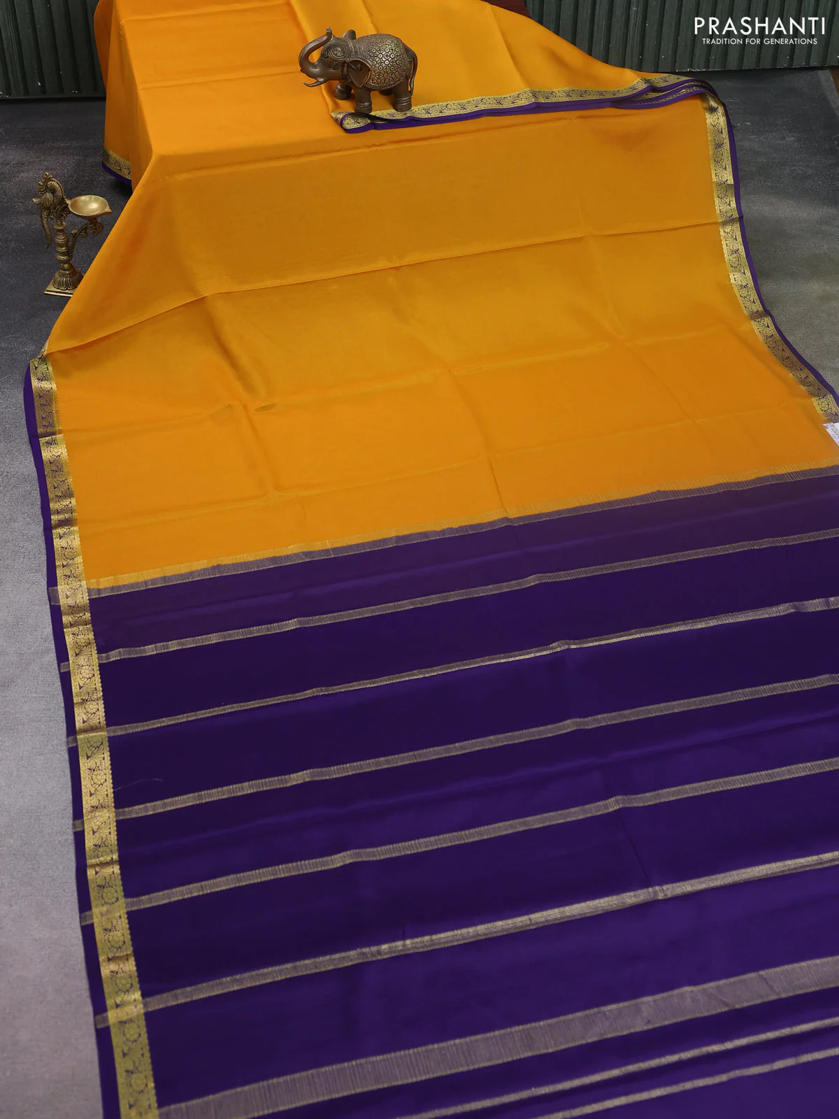 Pure mysore silk saree mustard yellow and violet with plain body and zari woven border - Image 2
