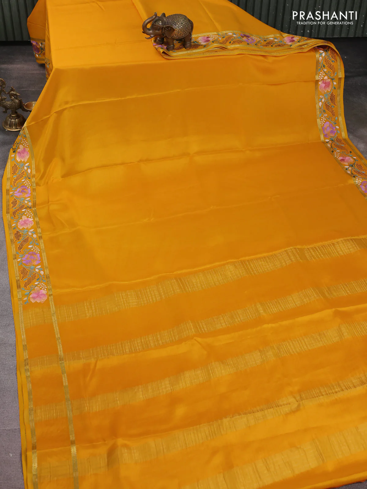 Pure mysore silk saree mustard yellow with plain body and floral embroidery cut work border - Image 2