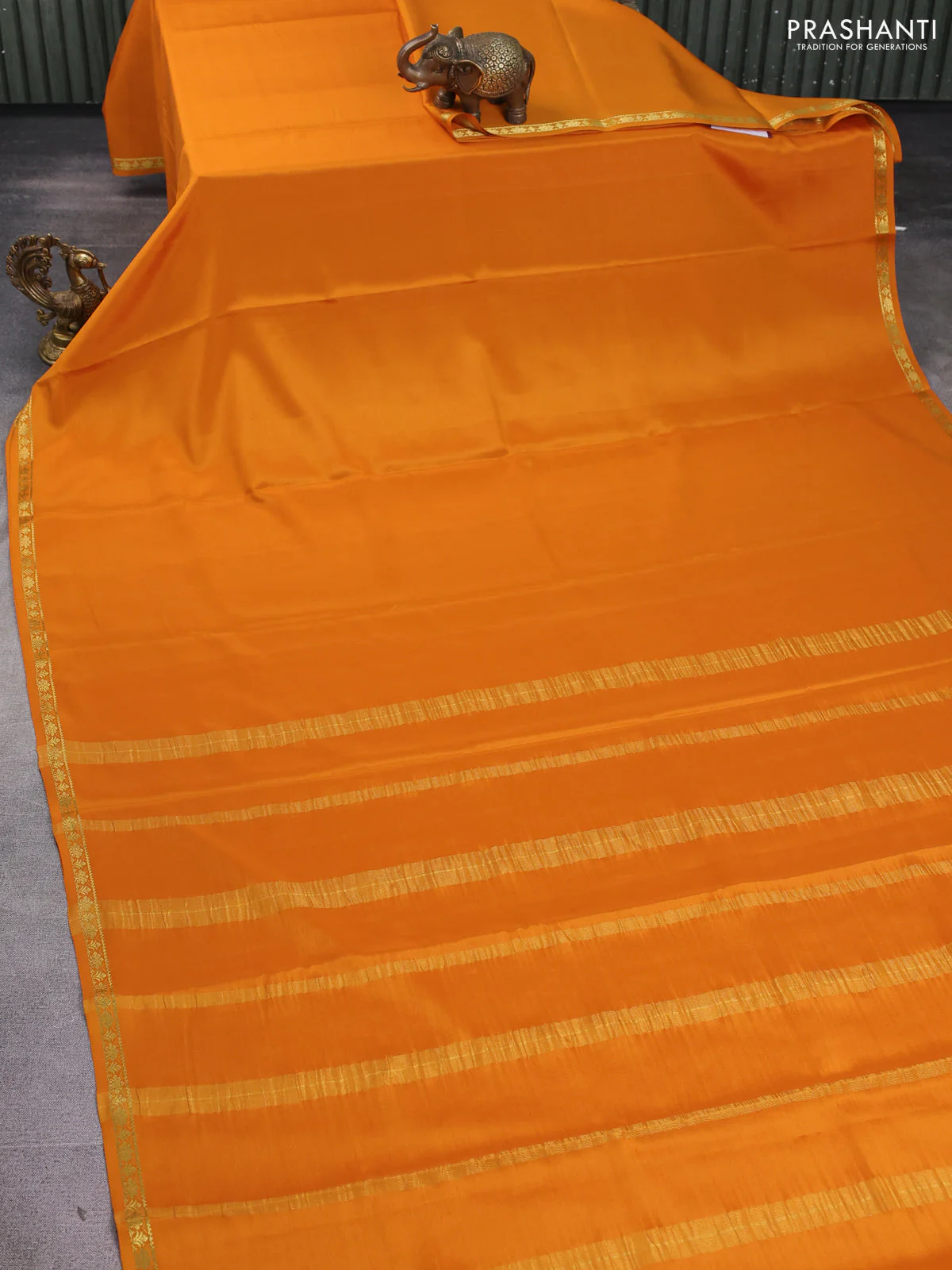 Pure mysore silk saree mustard yellow with plain body and small zari woven border - Image 2