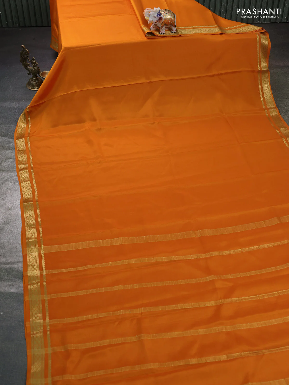 Pure mysore silk saree mustard yellow with plain body and zari woven border - Image 2