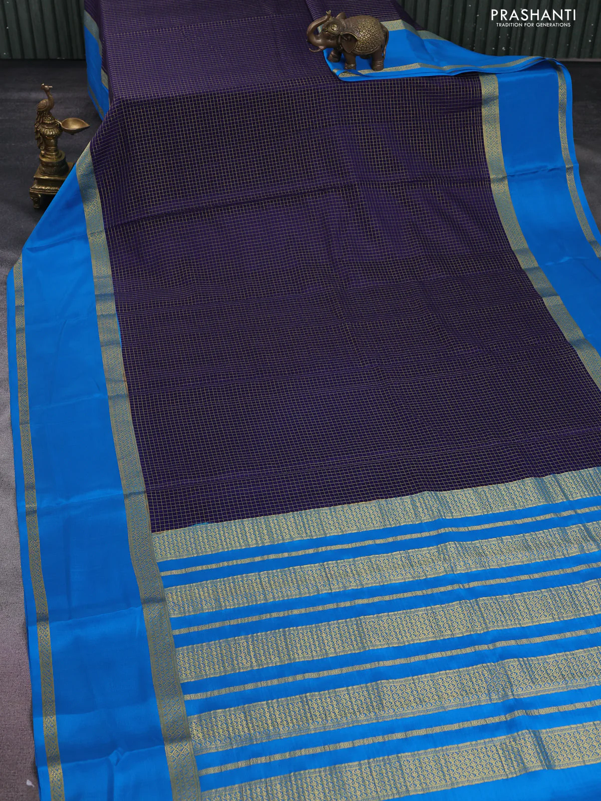 Pure mysore silk saree navy blue and cs blue with allover small zari checks and rettapet zari woven border - Image 2