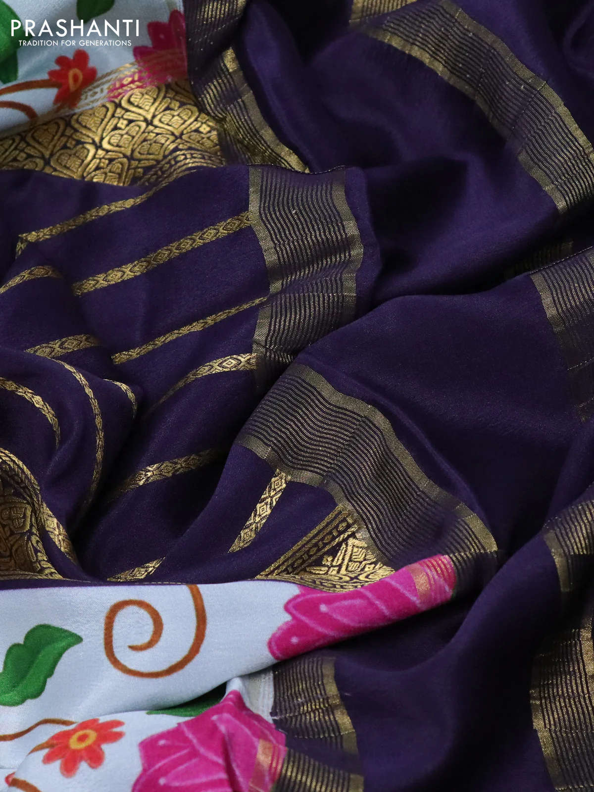 Pure mysore silk saree navy blue and teal blue shade with zari weaves and long kalamkari printed zari border - Image 3