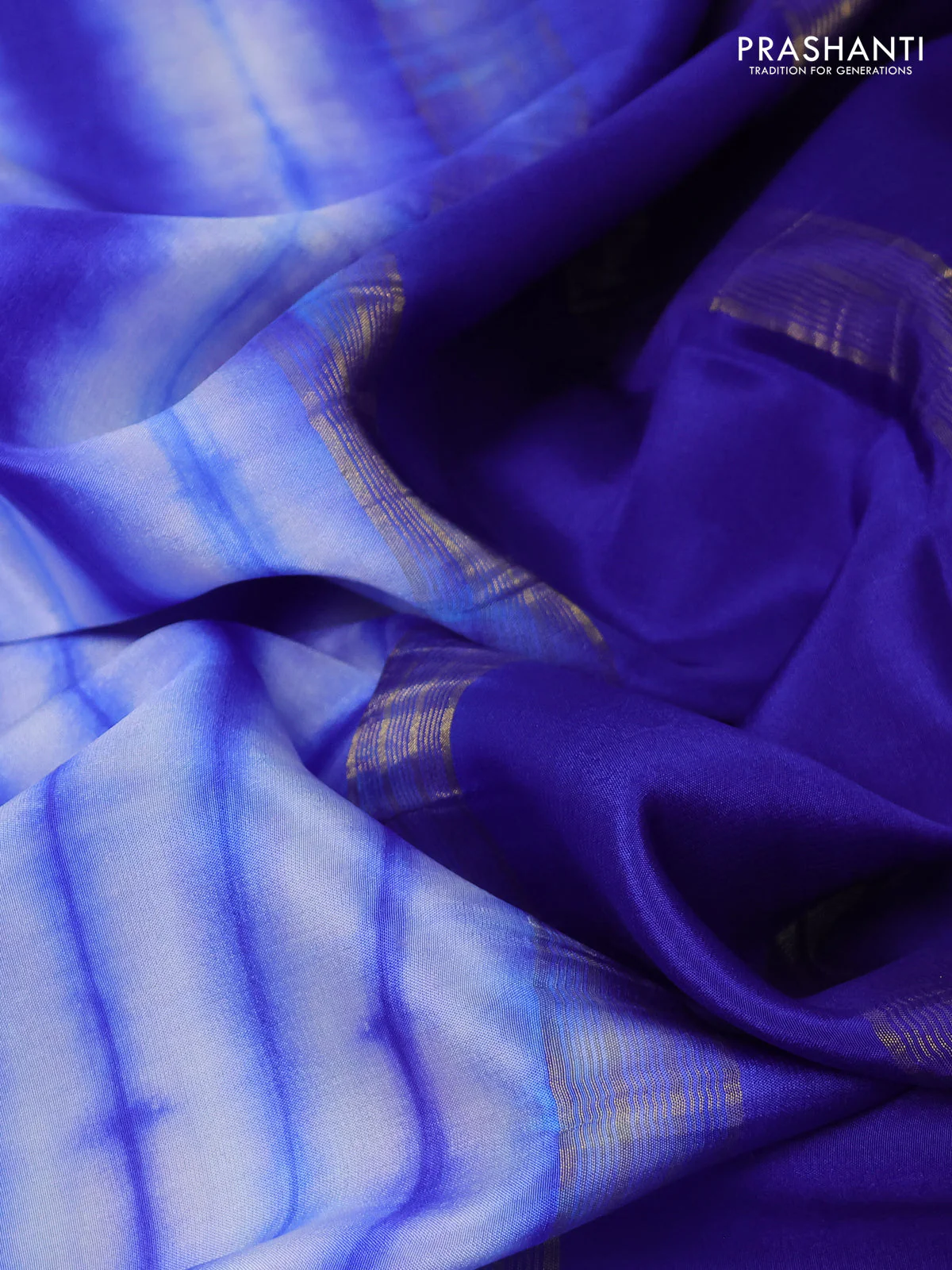 Pure mysore silk saree off white and blue with allover shibori prints and rettapet zari woven border - Image 3